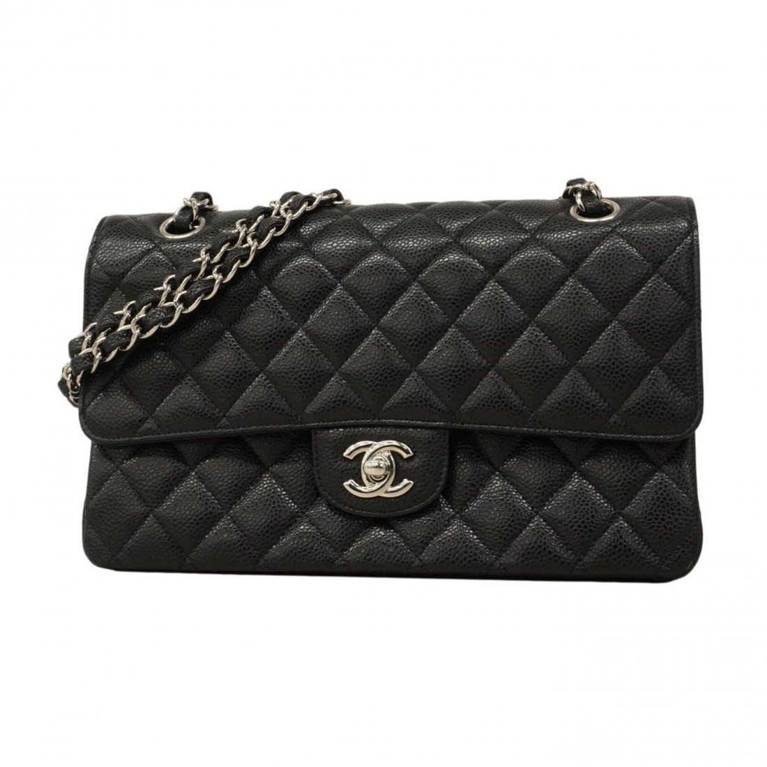 Chanel Matelassé Shoulder Bag, Double Flap, Chain, Caviar Leather, Black, Women's, P2601727: --- Catalog ---Category: SizeSize (HxWxD): 16cm x 25cm x 6.5cm / 6.29'' x 9.84'' x 2.55''Category: DesignType: Shoulder bagColor: BlackGender: WomenMaterial: Grained Calfskin Hardware Color: SilverCat