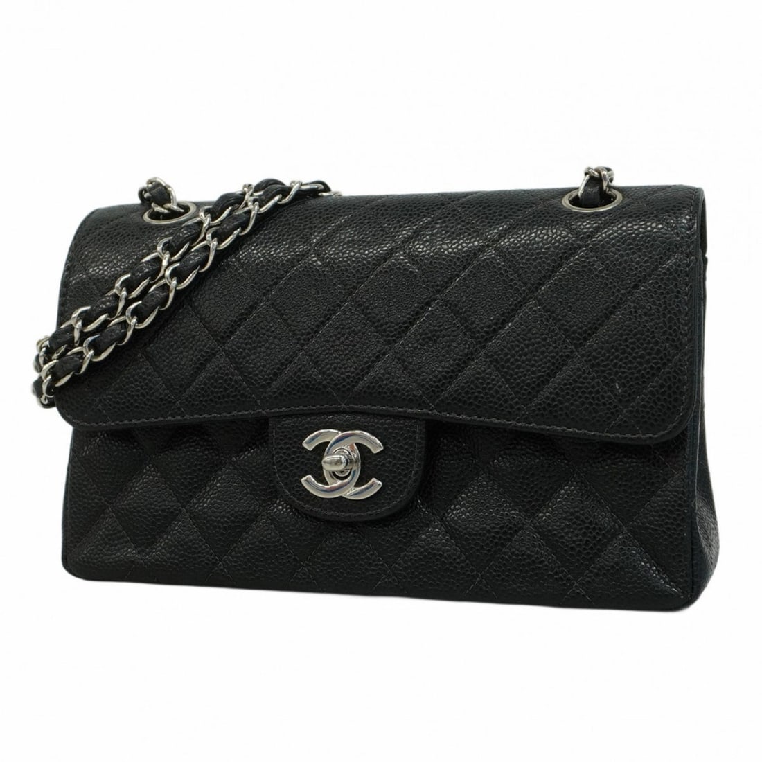 Chanel Shoulder Bag Matelasse W Flap Chain Caviar Skin Black Women's: --- Catalog ---Category: SizeSize (HxWxD): 14.5cm x 22.5cm x 6.5cm / 5.7'' x 8.85'' x 2.55''Category: DesignType: Shoulder bagColor: BlackGender: WomenMaterial: Caviar leather Hardware Color: