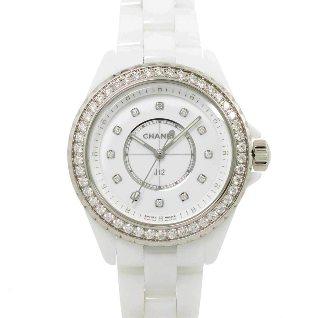 Chanel CHANEL J12 33mm H6418 Ladies Watch 12P Bezel Diamond White Ceramic Quartz: --- Catalog ---Category: SizeWrist Size: 15cm / 5.9''Case Diameter: 34mm / 1.34''Case Thickness: 20mm / 0.79''Category: DesignType: WristwatchColor: WhiteGender: WomenGemstone: DiamondColor (Dial):