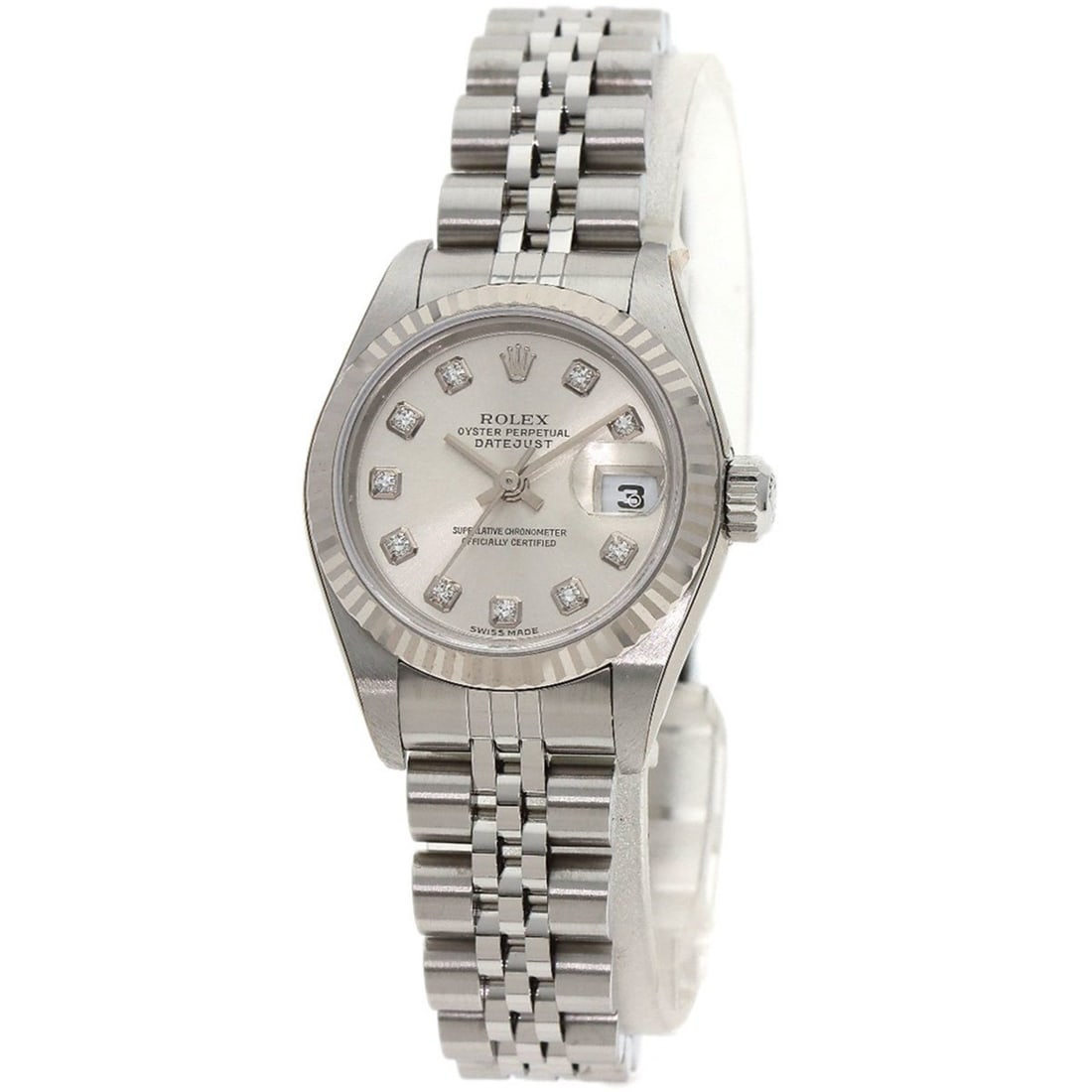 Rolex 79174G Datejust 10P Diamond Watch Stainless Steel SS K18WG Ladies: --- Catalog ---Category: SizeWrist Size: 16cm / 6.29''Case Diameter: 26mm / 1.02''Case Thickness: 10.4mm / 0.41''Category: DesignType: WristwatchGender: WomenGemstone: DiamondMaterial (Band): Stainles