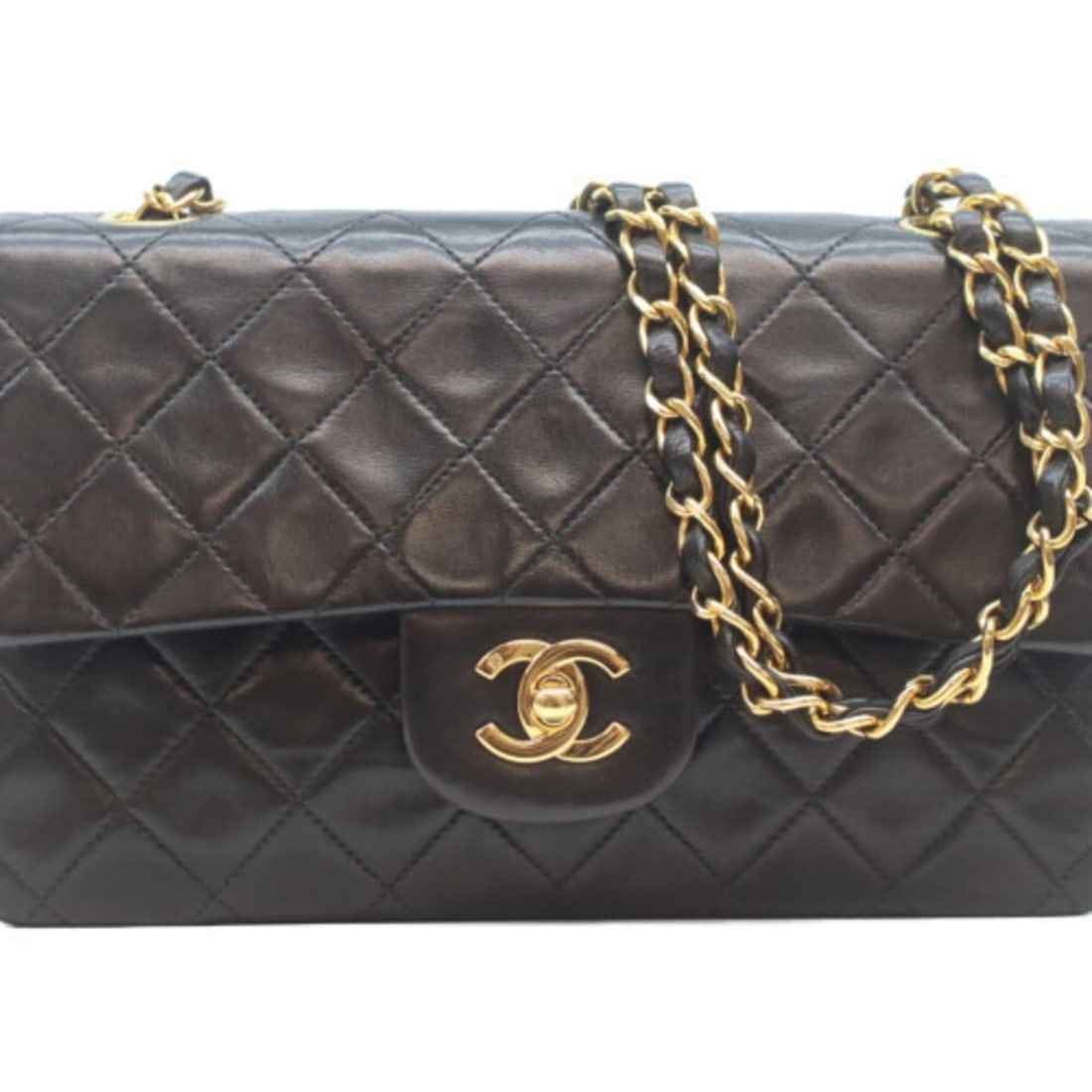 CHANEL A01113 Lambskin Double Flap Matelassé 23 Shoulder Bag, Black with Gold Hardware, Women's (1 of 14)