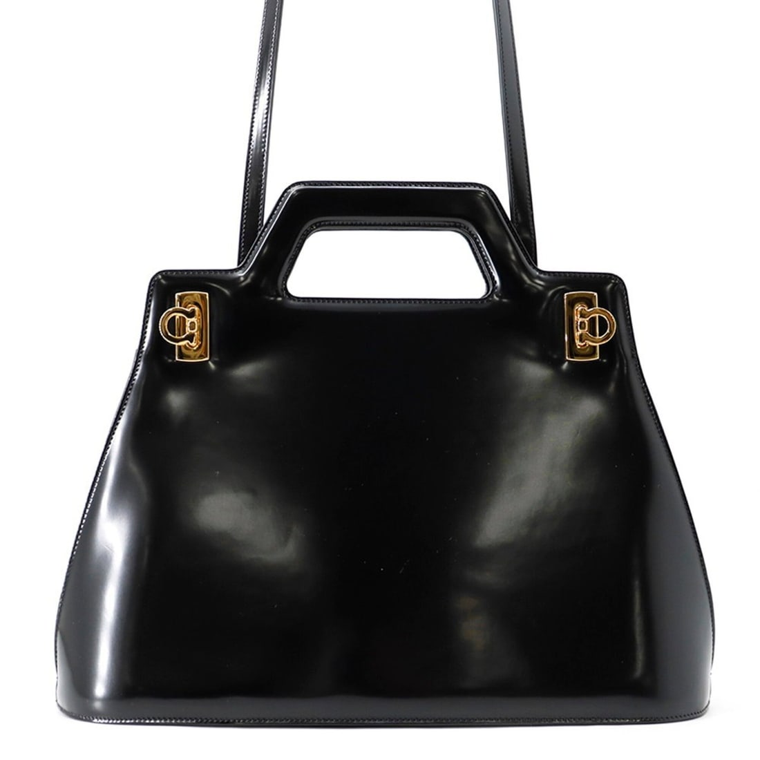 Salvatore Ferragamo Wanda Medium Handbag 213984 2-way Black for Women: --- Catalog ---Category: SizeSize (HxWxD): 24cm x 35cm x 9.5cm / 9.44'' x 13.77'' x 3.74''Category: DesignType: HandbagColor: BlackGender: WomenMaterial: Patent leather Category: GeneralMPN: 213984 76