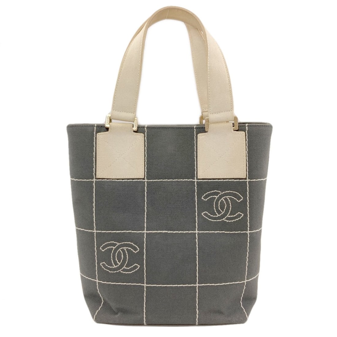 Chanel Chocolate Bar Gold Hardware Canvas Handbag for Women CHANEL: --- Catalog ---Category: SizeSize (HxWxD): 25cm x 25.5cm x 9.5cm / 9.84'' x 10.03'' x 3.74''Category: DesignType: HandbagColor: Gray, WhiteGender: WomenMaterial: Canvas Category: GeneralBrand: Chanel-