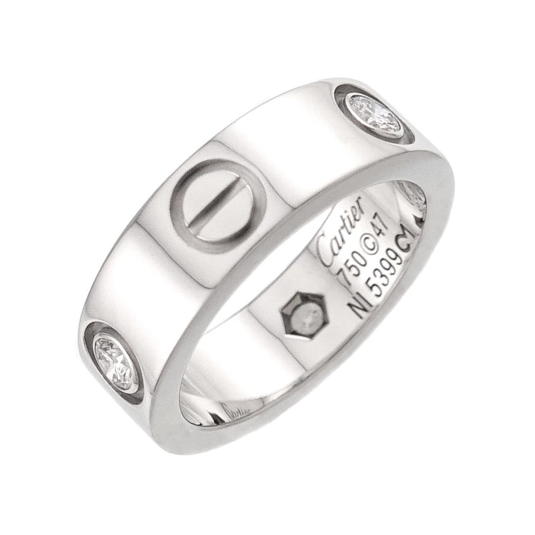 Cartier Love Ring #47, Half Diamond 3P, 18K WG White Gold 750.: --- Catalog ---Category: SizeUS Size: 4Brand Size: 47Category: DesignType: Band ringGender: WomenMaterial: White gold (18K)Category: GeneralBrand: Cartier--- Item List ---Section: ConditionRanking: Ra