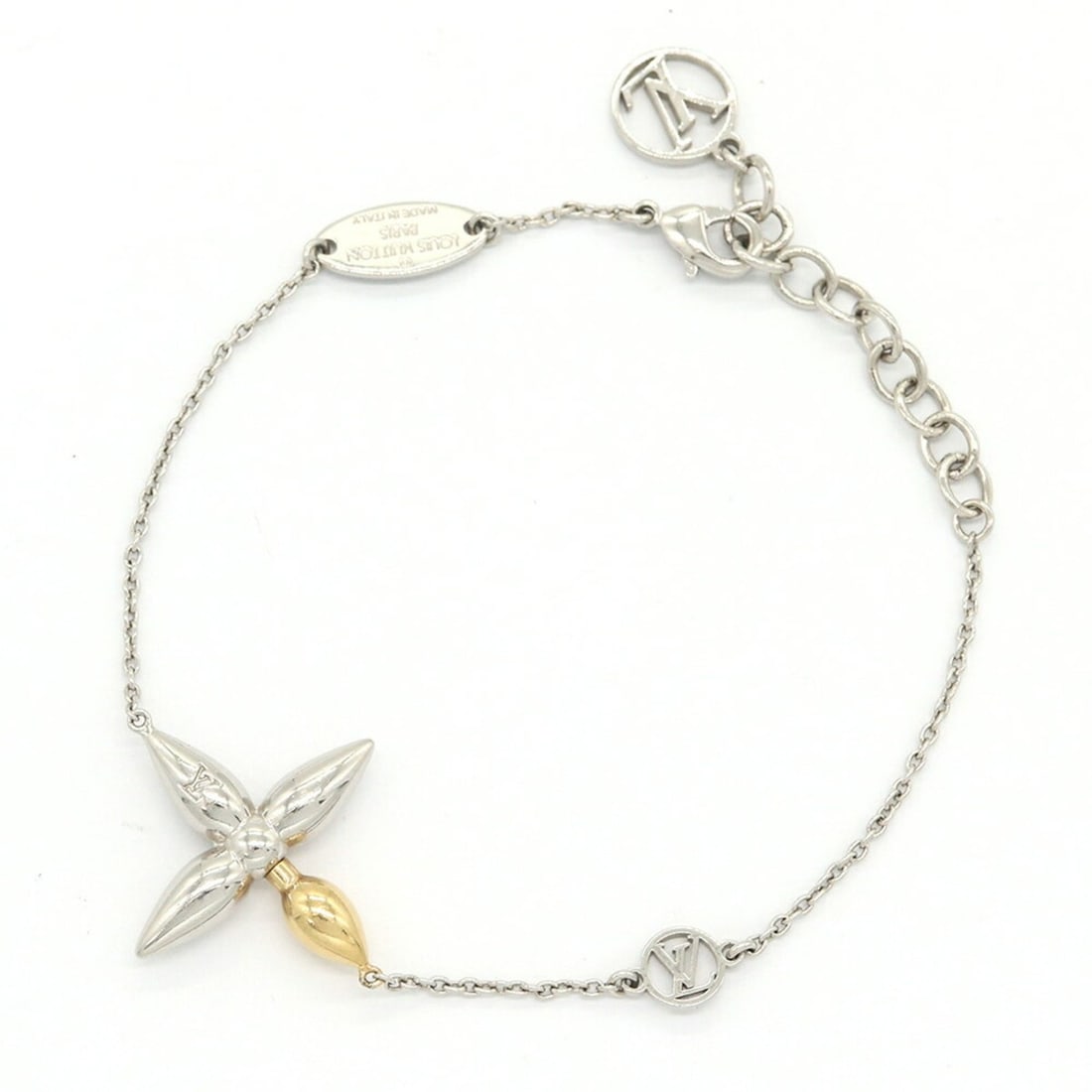 Louis Vuitton Bracelet, Bracelet Louisette M0951A, Silver Gold Metal Crystal Chain LV LOUIS VUITTON: --- Catalog ---Category: SizeLength: 19cm / 7.48''Stone Size (HxW): 2.5cm x 2.2cm / 0.98'' x 0.86''Category: DesignType: Charm braceletColor: Gold, SilverGender: WomenMaterial: MetalCategory: GeneralM