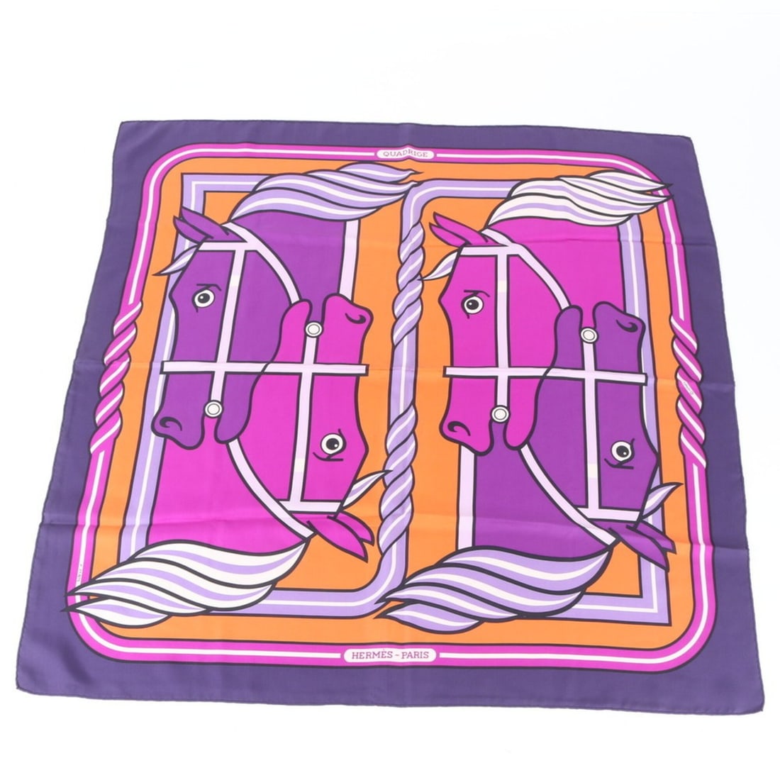 Hermes Carre 90 QUADRIGE Scarf/Muffler, 100% Silk, with Tag, for Women: --- Catalog ---Category: SizeSize (LxW): 88cm x 90cm / 34.64'' x 35.43''Category: DesignType: ScarfColor: PurpleGender: WomenMaterial: Silk 100%Category: GeneralBrand: HermesCountry of Origin: France-