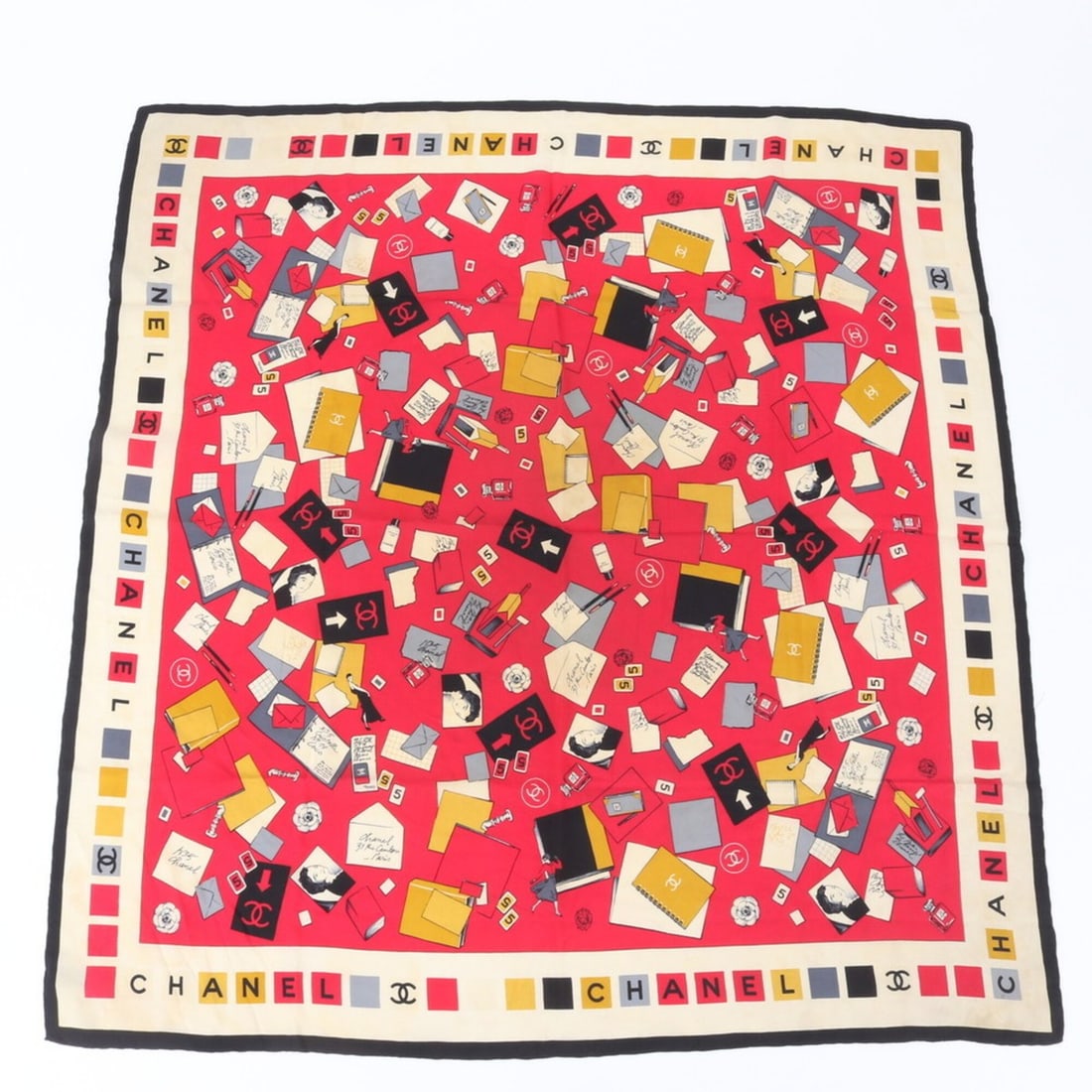 Chanel tagged camellia stationery pattern 100% silk scarf muffler for women. (1 of 13)