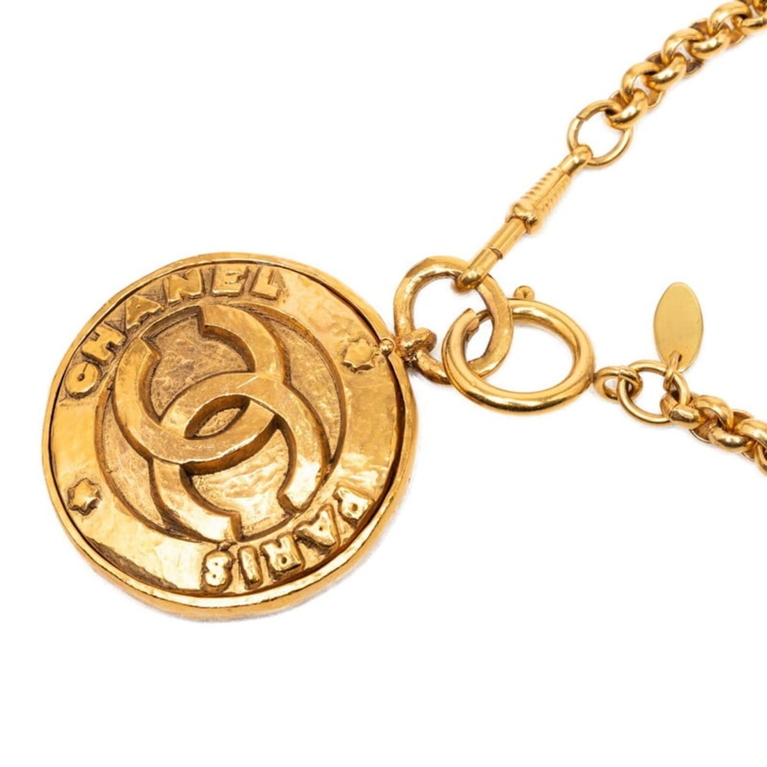Chanel Coco Mark Logo Vintage Mirror Necklace Gold Plated Women's CHANEL: --- Catalog ---Category: SizePendant Size: 45mm x 45.7mm / 1.77'' x 1.79''Neck Circumference: 84.5 cm / 33.26''Category: DesignColor: GoldGender: WomenNecklace Type: NecklaceCategory: GeneralBrand: Ch