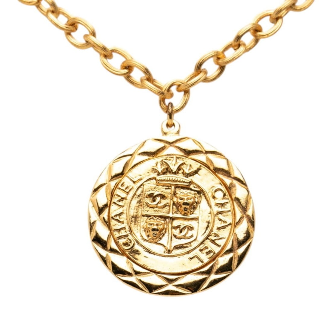 Chanel Coco Mark Lion Crown Necklace Gold Plated Women's CHANEL: --- Catalog ---Category: SizePendant Size: 45.5mm x 45.5mm / 1.79'' x 1.79''Neck Circumference: 77.5 cm / 30.51''Category: DesignColor: GoldGender: WomenNecklace Type: NecklaceCategory: GeneralBrand: 