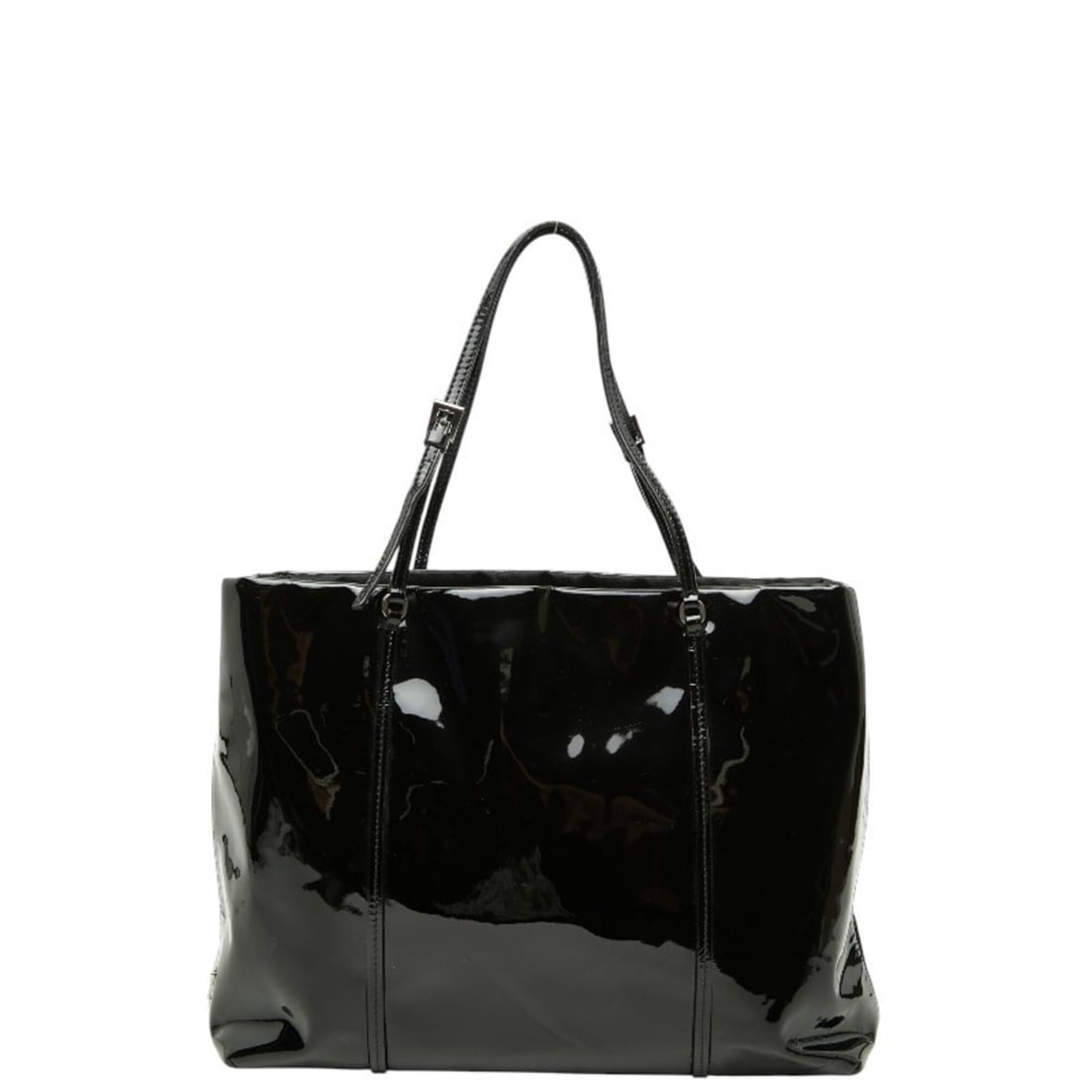 Prada Triangle Logo Plate Tote Bag Handbag Black Patent Leather Women's PRADA: --- Catalog ---Category: SizeSize (HxWxD): 20cm x 25cm x 7cm / 7.87'' x 9.84'' x 2.75''Category: DesignType: Handbag, Tote bagColor: BlackGender: WomenMaterial: Patent leather Category: GeneralBrand: 