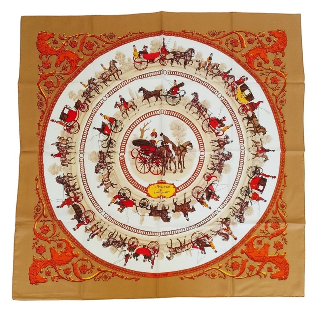 HERMES Carre 90 LA PROMENADE DE LONGCHAMPS (A Walk to Longchamp) Scarf/Muffler, Silk, Brown/Beige,: --- Catalog ---Category: PackNumber in Pack: 2Category: SizeSize (LxW): 89cm x 89cm / 35.03'' x 35.03''Category: DesignType: ScarfColor: Beige, BrownGender: WomenCategory: GeneralBrand: Hermes--- Item