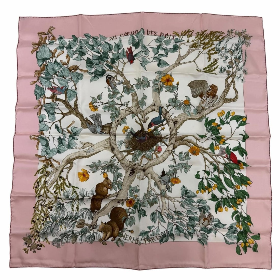 HERMES Carre 90 U COEUR DES BOIS (In the Forest) 100% Silk Scarf/Muffler, Pink/Multicolor, Made in: --- Catalog ---Category: SizeSize (LxW): 88cm x 88cm / 34.64'' x 34.64''Category: DesignType: ScarfColor: Multi-color, PinkGender: WomenMaterial: Silk Category: GeneralBrand: HermesCountry of Origin: 