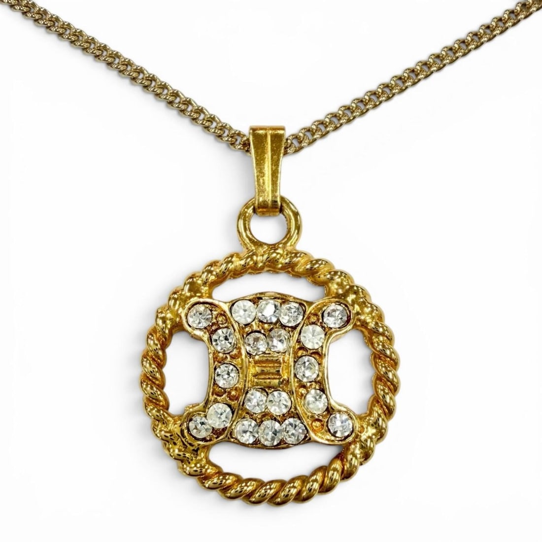 CELINE Vintage Triomphe Blazon Rhinestone Necklace, Gold Color, Made in Italy, Women's Accessory: --- Catalog ---Category: SizePendant Size: 23mm / 0.9''Neck Circumference: 42 cm - 47 cm / 16.53'' - 18.5''Category: DesignColor: GoldGender: WomenNecklace Type: NecklaceCategory: GeneralBrand: Celine