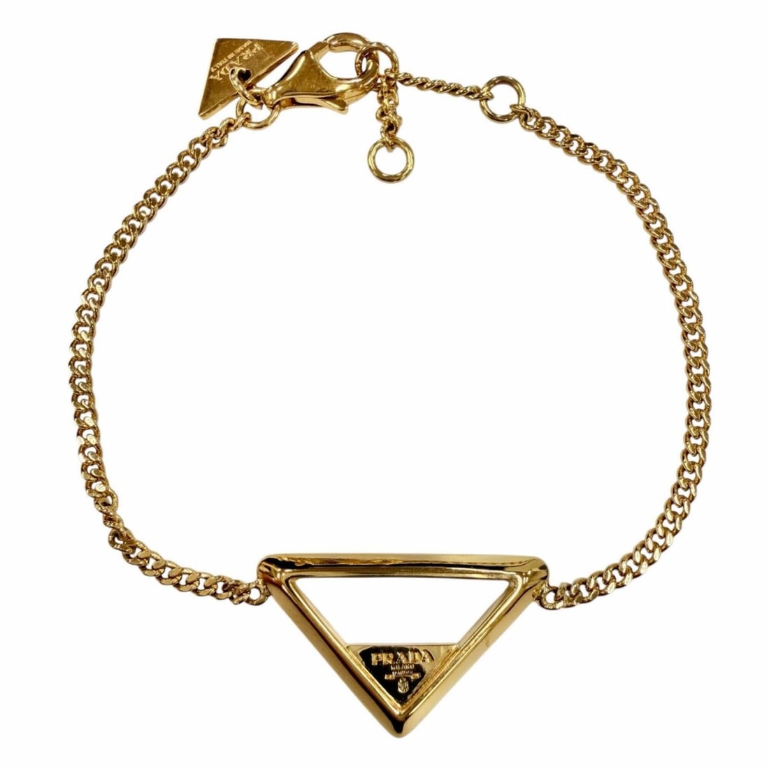 PRADA 1IB621 Metal Bracelet, Triangle Logo Chain Gold, Made in Italy, Women's, Comes with Box and: --- Catalog ---Category: SizeLength: 16cm - 19cm / 6.29'' - 7.48''Category: DesignType: Charm braceletColor: GoldGender: WomenCategory: GeneralMPN: 1IB621Brand: PradaCountry of Origin: Italy--- Item L