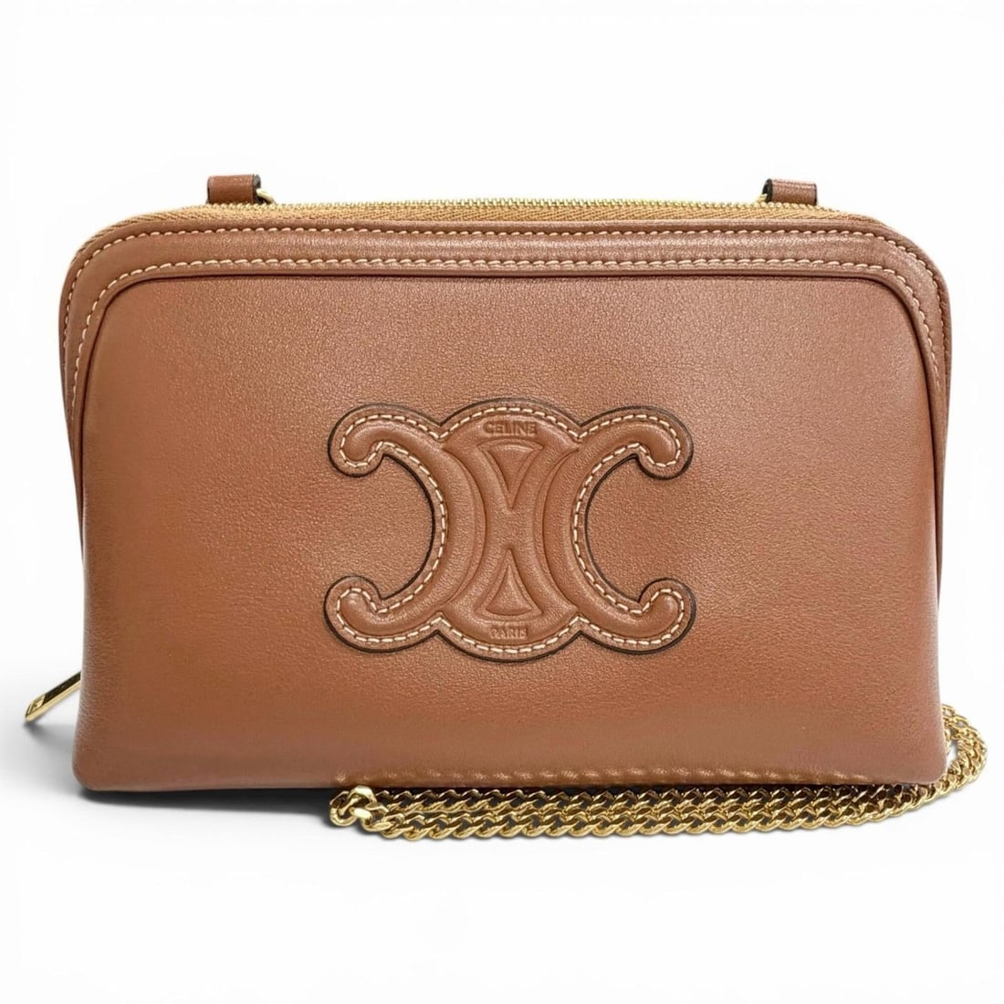 CELINE 10E383DR8 Smooth Calfskin Cuile Triomphe Chain Clutch Shoulder Bag, Tan Brown, Made in Italy, (1 of 15)