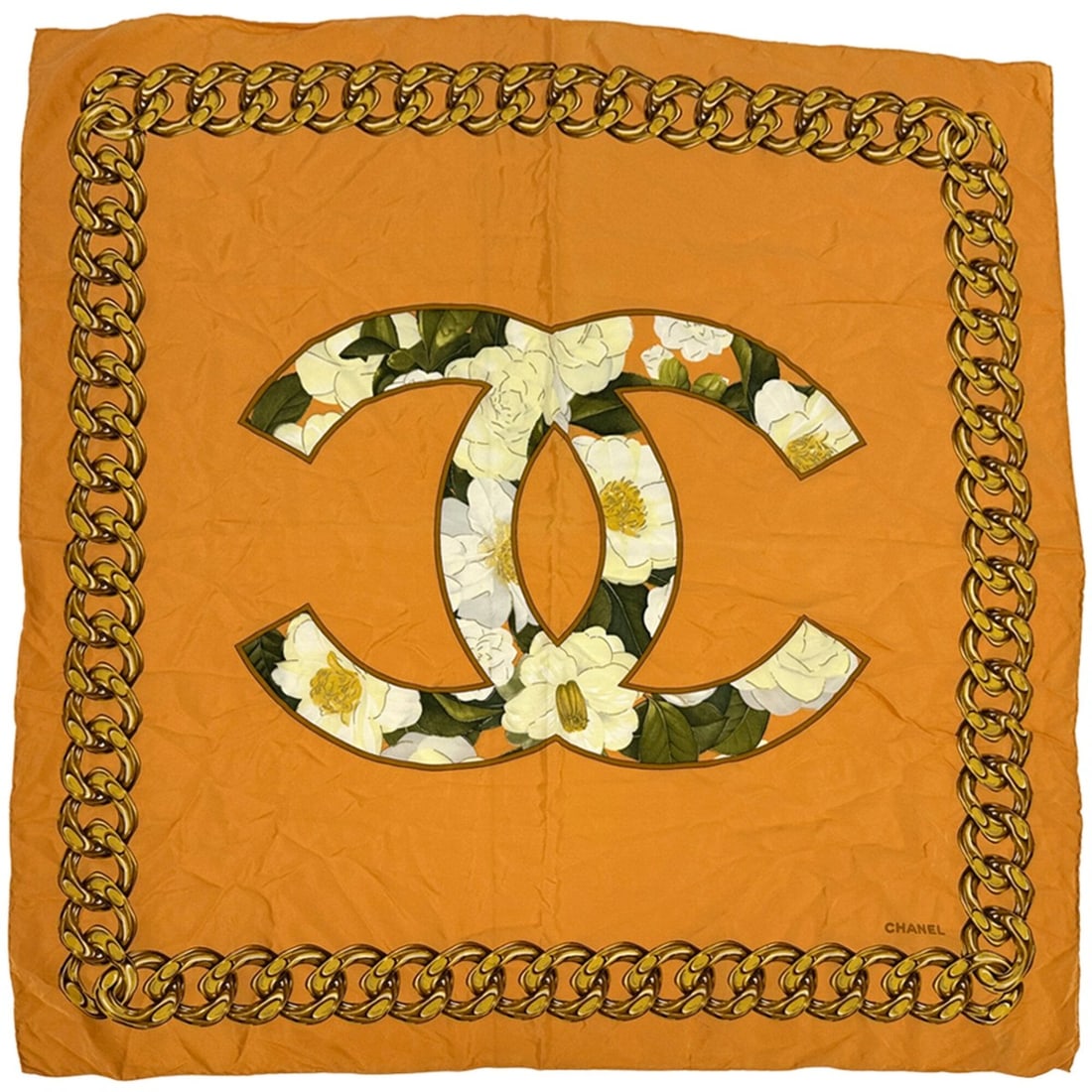 Chanel scarf/muffler, women's, brand name, silk, orange, multicolor, camellia, floral pattern,: --- Catalog ---Category: SizeSize (LxW): 85cm x 85cm / 33.46'' x 33.46''Category: DesignType: ScarfColor: Multi-color, OrangeGender: WomenMaterial: Silk Category: GeneralBrand: ChanelCountry of Origin