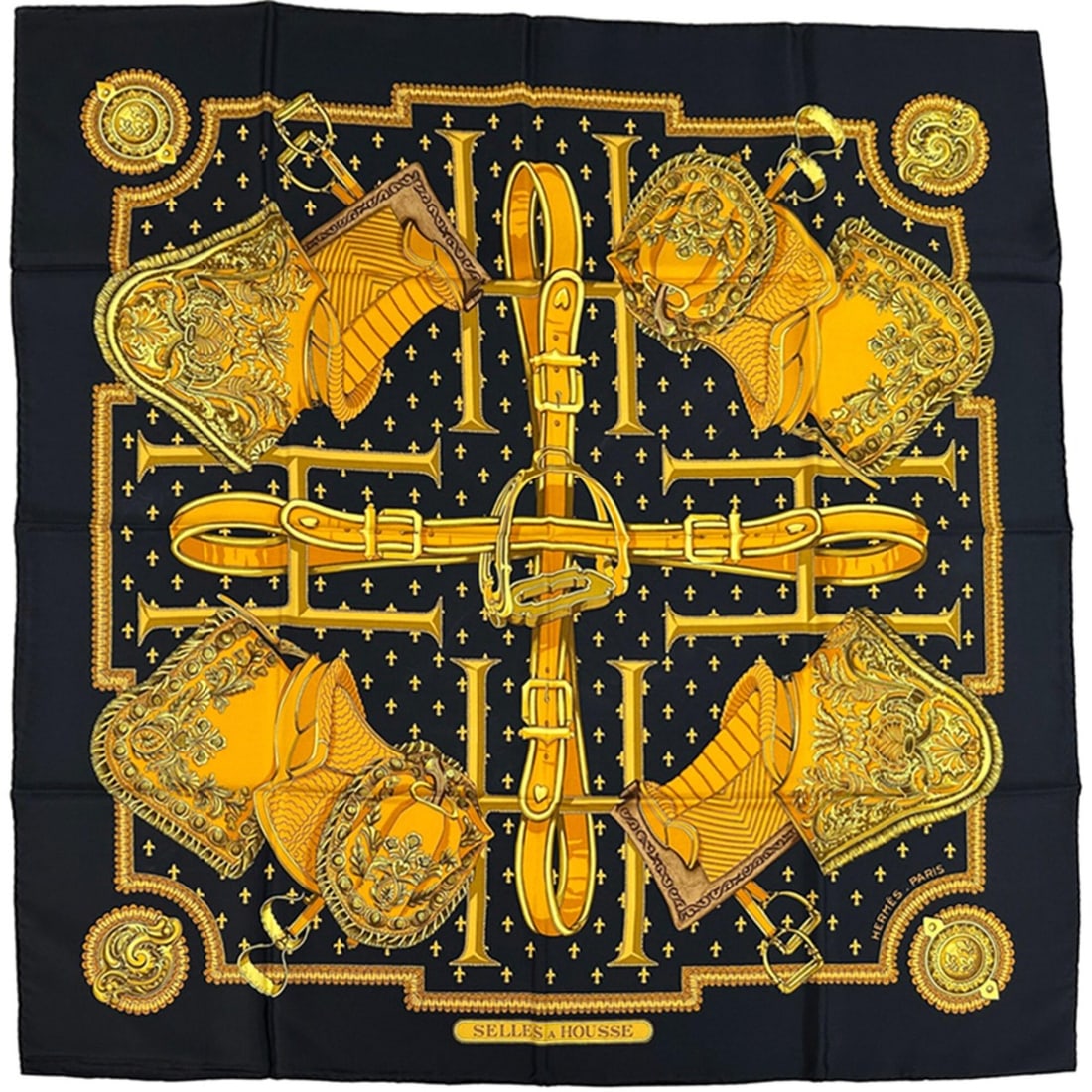 Hermes scarf/muffler, Carre 90, SELLES A HOUSSE (a type of scarf), for women, made silk, available (1 of 10)