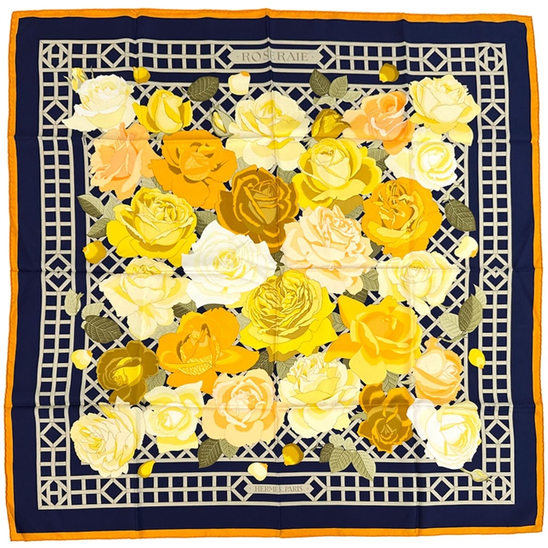 Hermes scarf/muffler, Carre 90, ROSRRAIE (Rose Garden), women's, brand name, silk, navy, orange,: --- Catalog ---Category: SizeSize (LxW): 90cm x 90cm / 35.43'' x 35.43''Category: DesignType: ScarfColor: Multi-color, Navy, OrangeGender: WomenMaterial: Silk Category: GeneralBrand: HermesCountry of 