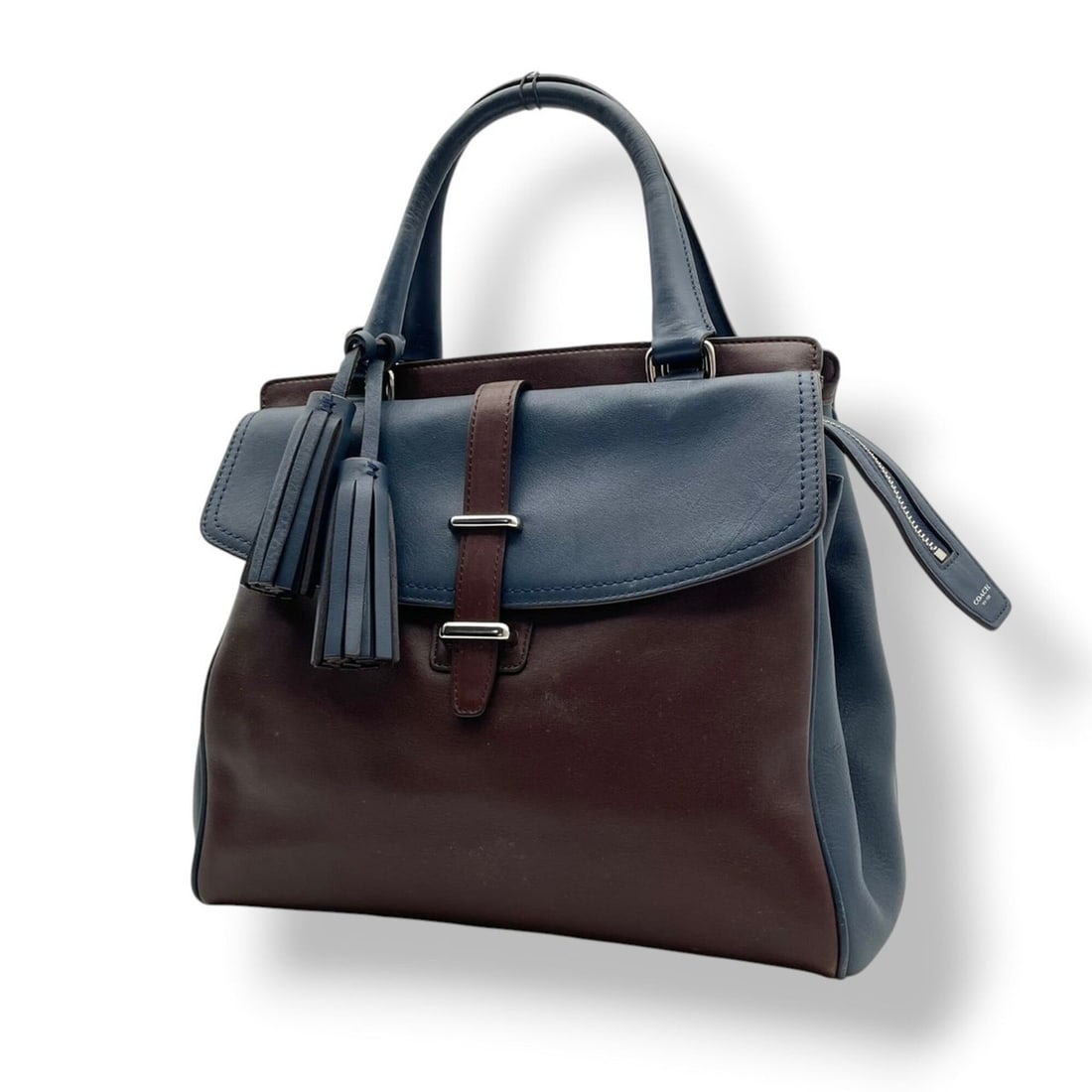 Coach Legacy North-South Satchel Handbag, Leather, Brown/Navy, 26301 F1320, Silver Hardware, (1 of 20)