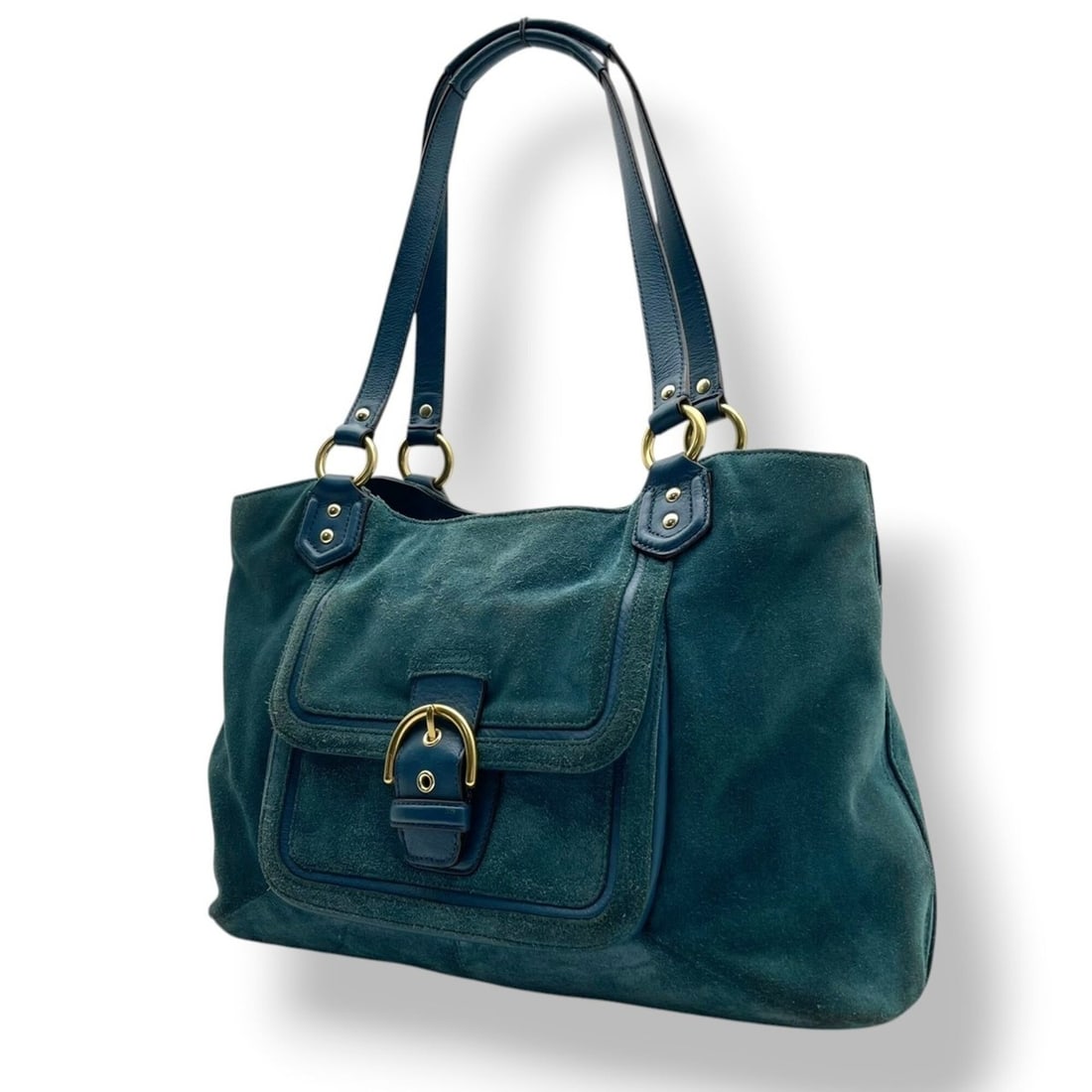 Coach Campbell Suede Belle Carryall Tote Bag, Teal Blue with Gold Hardware, F24688, Women's: --- Catalog ---Category: SizeSize (HxWxD): 24cm x 37cm x 15cm / 9.44'' x 14.56'' x 5.9''Category: DesignType: Tote bagColor: BlueGender: WomenMaterial: Suede , Leather Category: GeneralMPN: F24688Bran