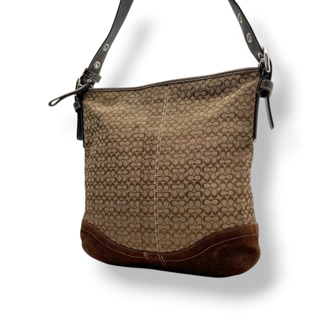 Coach Mini Signature Shoulder Bag, Canvas and Leather, Beige Brown, F10944, Silver Hardware,: --- Catalog ---Category: SizeSize (HxWxD): 27cm x 26cm x 8cm / 10.62'' x 10.23'' x 3.14''Category: DesignType: Shoulder bagColor: Beige, BrownGender: WomenMaterial: Canvas , Leather Category: GeneralM