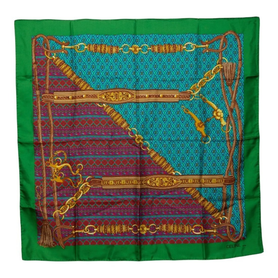 Celine Chain Motif Scarf Muffler, Green Multicolor Silk, Women's: --- Catalog ---Category: SizeSize (LxW): 85cm x 87cm / 33.46'' x 34.25''Category: DesignType: ScarfColor: Green, Multi-colorGender: WomenMaterial: Silk Category: GeneralBrand: Celine--- Item List ---S