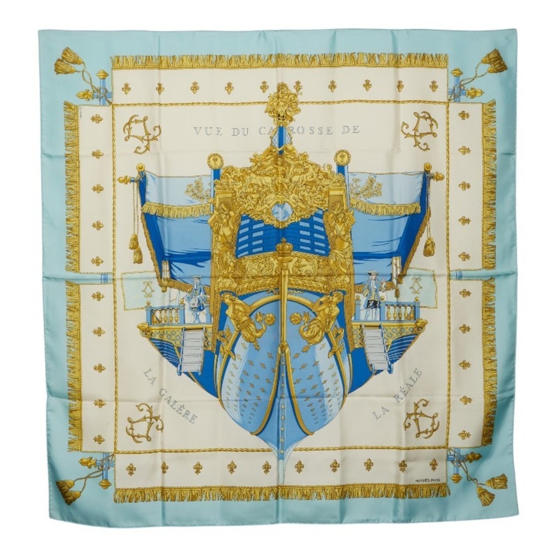 Hermes Carre 90 VUE DU CARROSSE DE LA GALERE REALE Queen's Coronation Scarf/Muffler, Blue Multicolor: --- Catalog ---Category: SizeSize (LxW): 89cm x 88cm / 35.03'' x 34.64''Category: DesignType: ScarfColor: Blue, Multi-colorGender: WomenMaterial: Silk Category: GeneralBrand: Hermes--- Item List ---Se