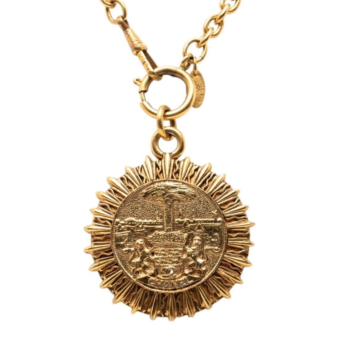 Chanel Coco Mark Coin Motif Chain Pendant Necklace, Gold Plated, Women's.: --- Catalog ---Category: SizePendant Size: 59.5mm x 59.5mm / 2.34'' x 2.34''Neck Circumference: 75 cm / 29.52''Category: DesignColor: GoldGender: WomenNecklace Type: NecklaceCategory: GeneralBrand: Ch