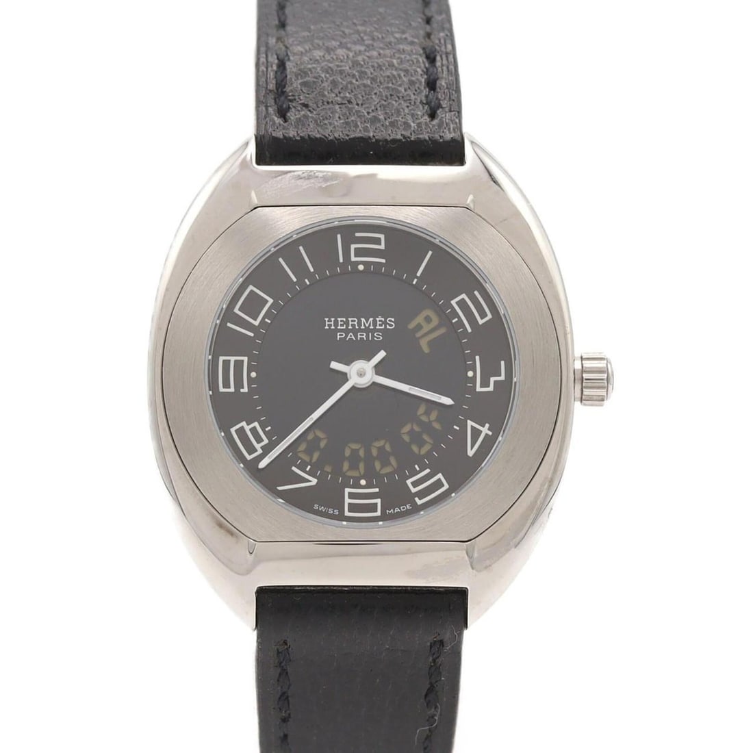 Hermes Espace Digital Analog ES1.210 SS Quartz Watch: --- Catalog ---Category: SizeCase Diameter: 30mm / 1.18''Category: DesignType: WristwatchGender: WomenColor (Dial): BlackMaterial (Case): Stainless steelCategory: GeneralMPN: ES1.210Brand: HermesCateg