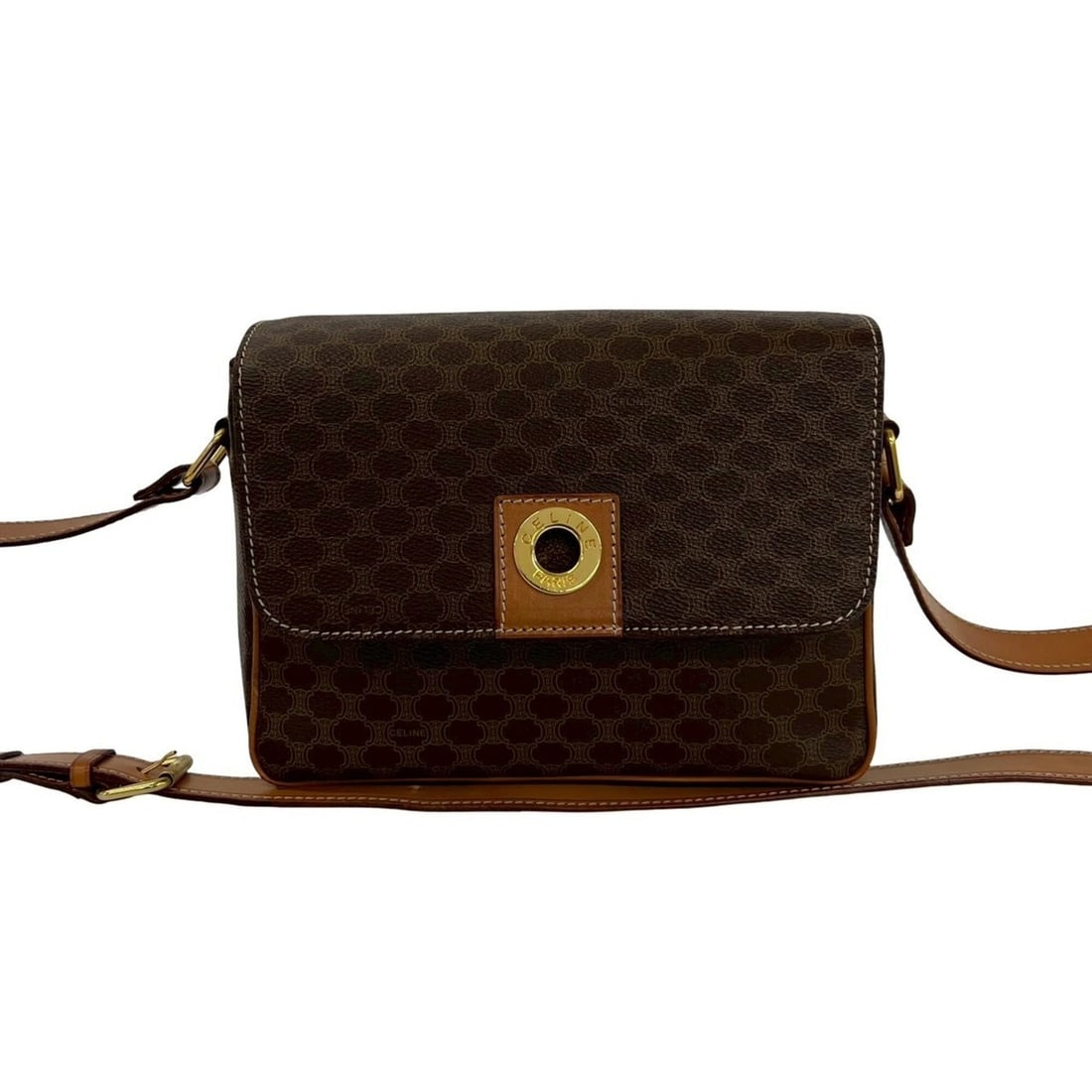 CELINE Macadam Blazon Triomphe Pattern Leather Shoulder Bag with Circle Logo Hardware, Brown, 28447 (1 of 13)