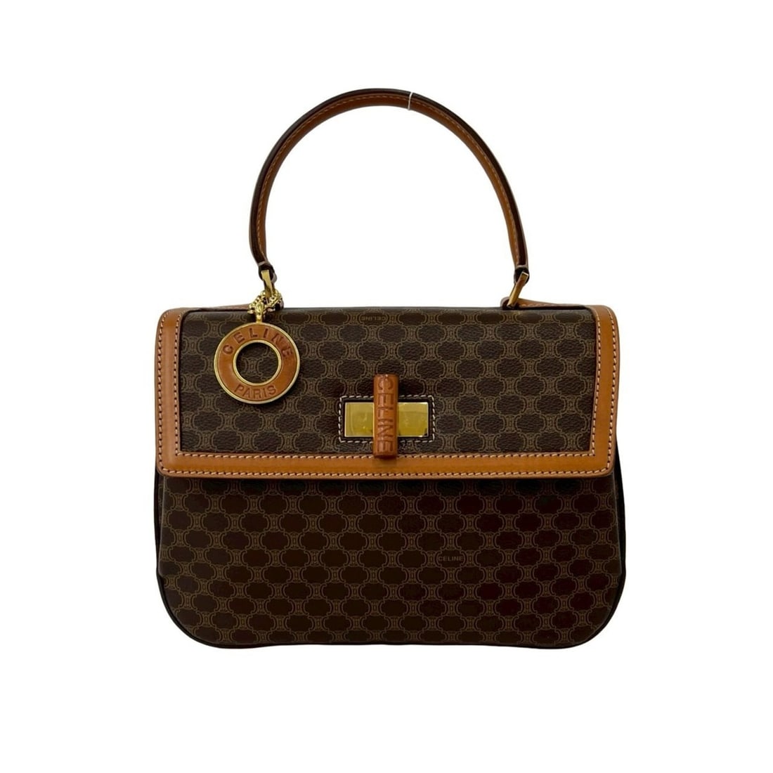 CELINE Macadam Blazon Triomphe Circle Logo Hardware Turnlock Leather Handbag Brown 22422: --- Catalog ---Category: SizeSize (HxWxD): 18.5cm x 25cm x 8cm / 7.28'' x 9.84'' x 3.14''Category: DesignType: HandbagColor: BrownGender: WomenMaterial: Leather , PVC Category: GeneralBrand: Celine---
