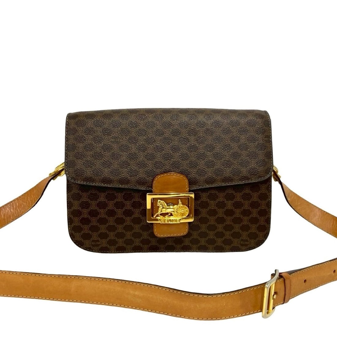 CELINE Vintage Carriage Hardware Macadam Blazon Triomphe Pattern Logo Leather Shoulder Bag Brown (1 of 10)