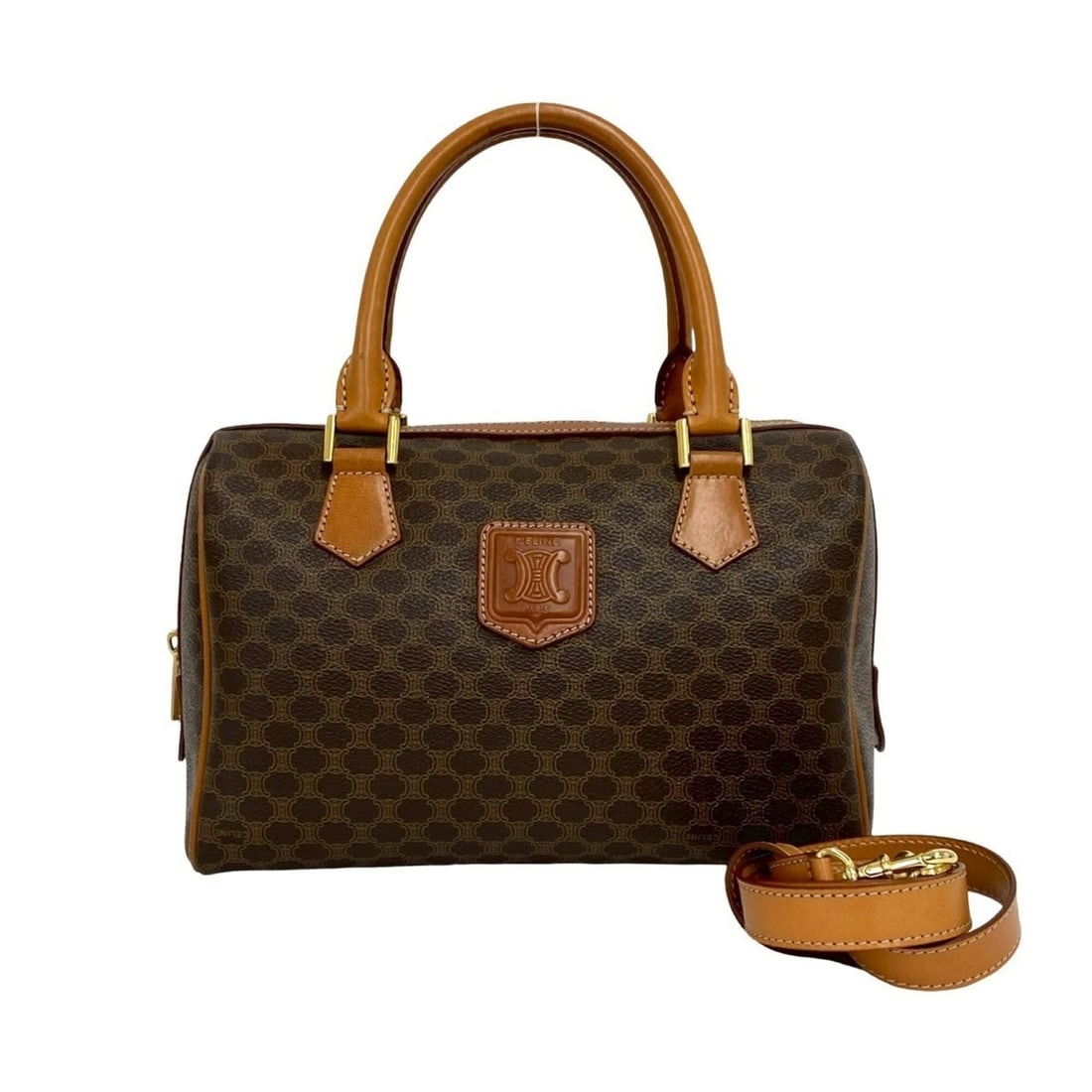 CELINE Vintage Macadam Blazon Triomphe Pattern Leather 2-way Shoulder Bag/Handbag Brown 40074: --- Catalog ---Category: SizeSize (HxWxD): 16.5cm x 26cm x 14cm / 6.49'' x 10.23'' x 5.51''Category: DesignType: Handbag, Shoulder bagColor: BrownGender: WomenMaterial: PVC , Leather Category: General