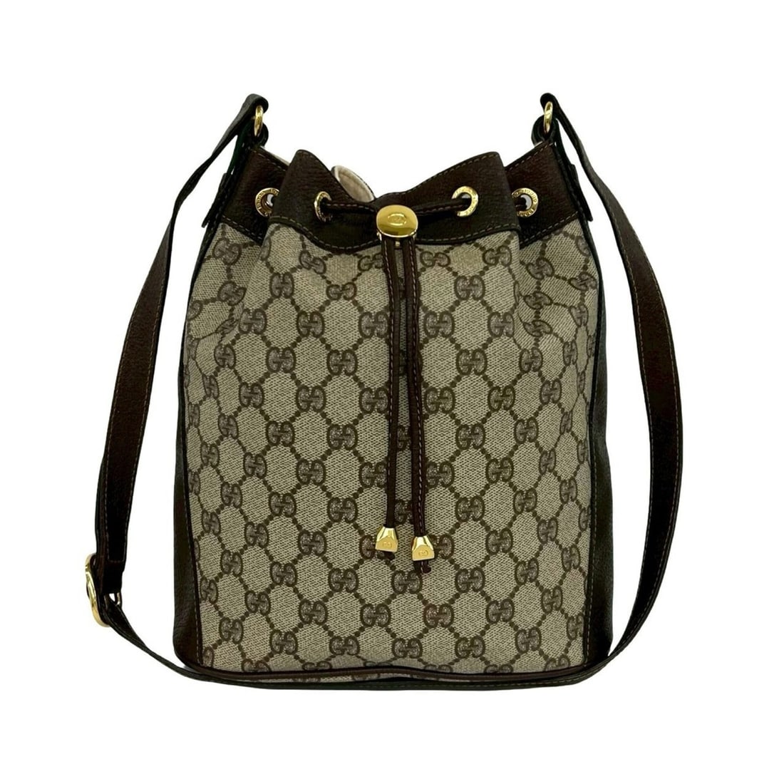 GUCCI Old Gucci Sherry Line GG Logo Pattern Leather Drawstring Shoulder Bag Brown 96229: --- Catalog ---Category: SizeSize (HxWxD): 26cm x 23cm x 10cm / 10.23'' x 9.05'' x 3.93''Category: DesignType: Shoulder bagColor: Brown, Green, Red colorGender: WomenMaterial: Leather , PVC Category: 