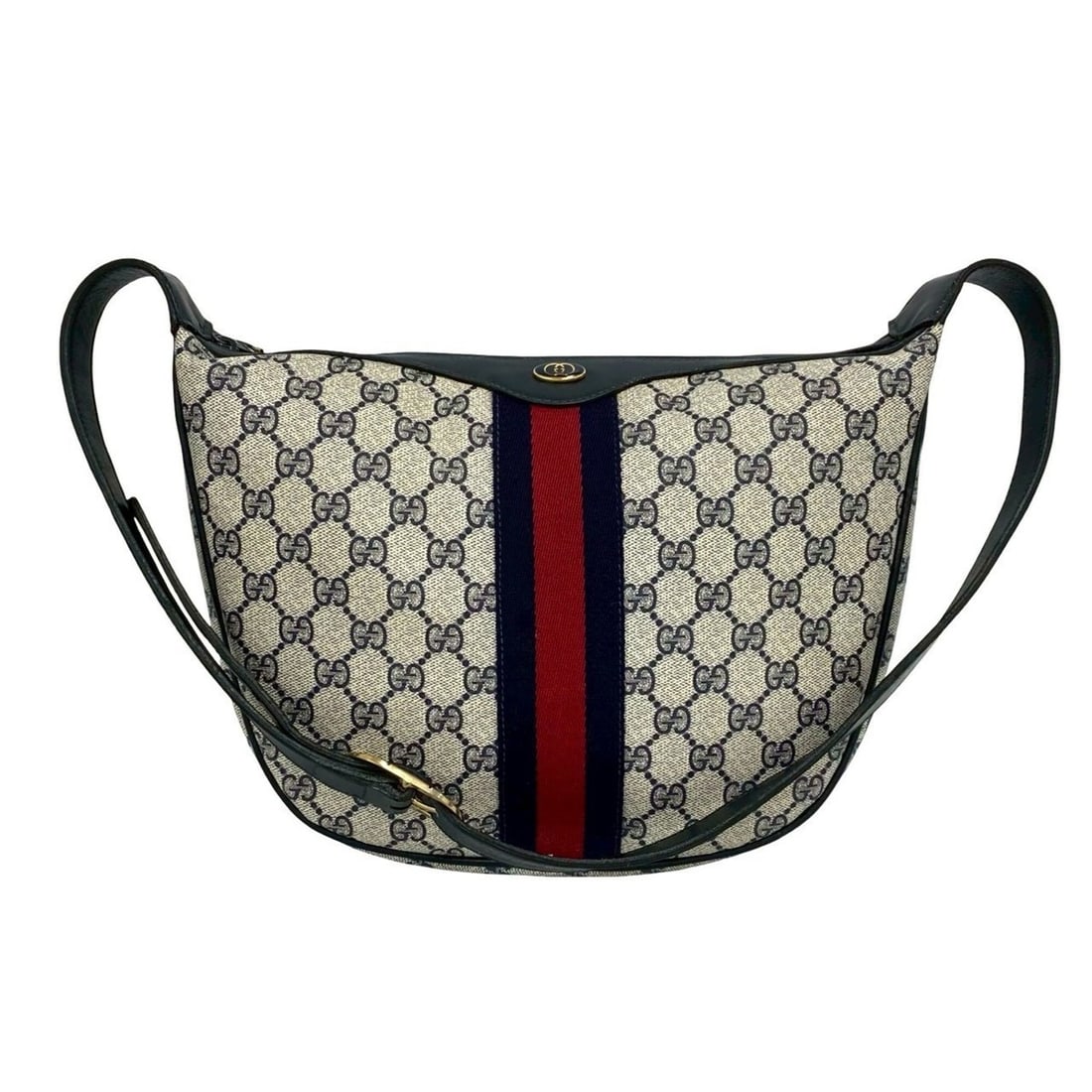 GUCCI Old Gucci Sherry Line GG Logo Pattern Leather Semi-One Shoulder Bag Handbag Navy 366-2: --- Catalog ---Category: SizeSize (HxWxD): 24cm x 29.5cm x 8.5cm / 9.44'' x 11.61'' x 3.34''Category: DesignType: Handbag, Shoulder bagColor: Navy, Red colorGender: WomenMaterial: Leather , PVC Catego