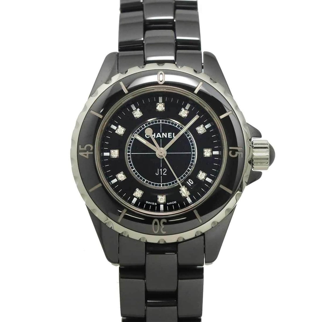 Chanel J12 33mm H1625 Women's Watch, 12 Diamonds, Date Display, Black Ceramic Quartz Watch: --- Catalog ---Category: SizeWrist Size: 16.5cm / 6.49''Case Diameter: 34mm / 1.34''Category: DesignType: WristwatchGender: WomenColor (Dial): BlackMaterial (Band): Ceramic, Stainless steelMaterial (C