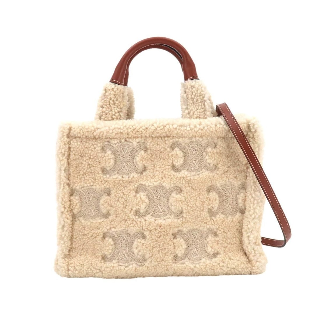 Celine Triomphe Small Cabas Thais 2-way Tote Shoulder Handbag, Shearling Leather, Natural Tan, (1 of 11)
