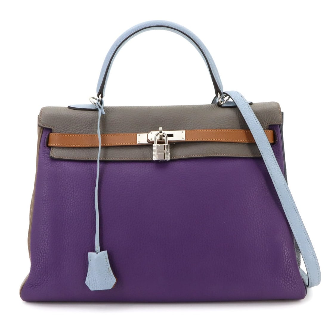 Hermes Kelly 35 Arlequin, Taurillon Clemence leather, Ultraviolet/Blue Lin, 2-way handbag/shoulder: --- Catalog ---Category: SizeSize (HxWxD): 25.5cm x 35cm x 13cm / 10.03'' x 13.77'' x 5.11''Category: DesignType: HandbagColor: Blue lin, Blue obscurs, Brown, Etain, Etoupe grayGender: WomenMaterial: 