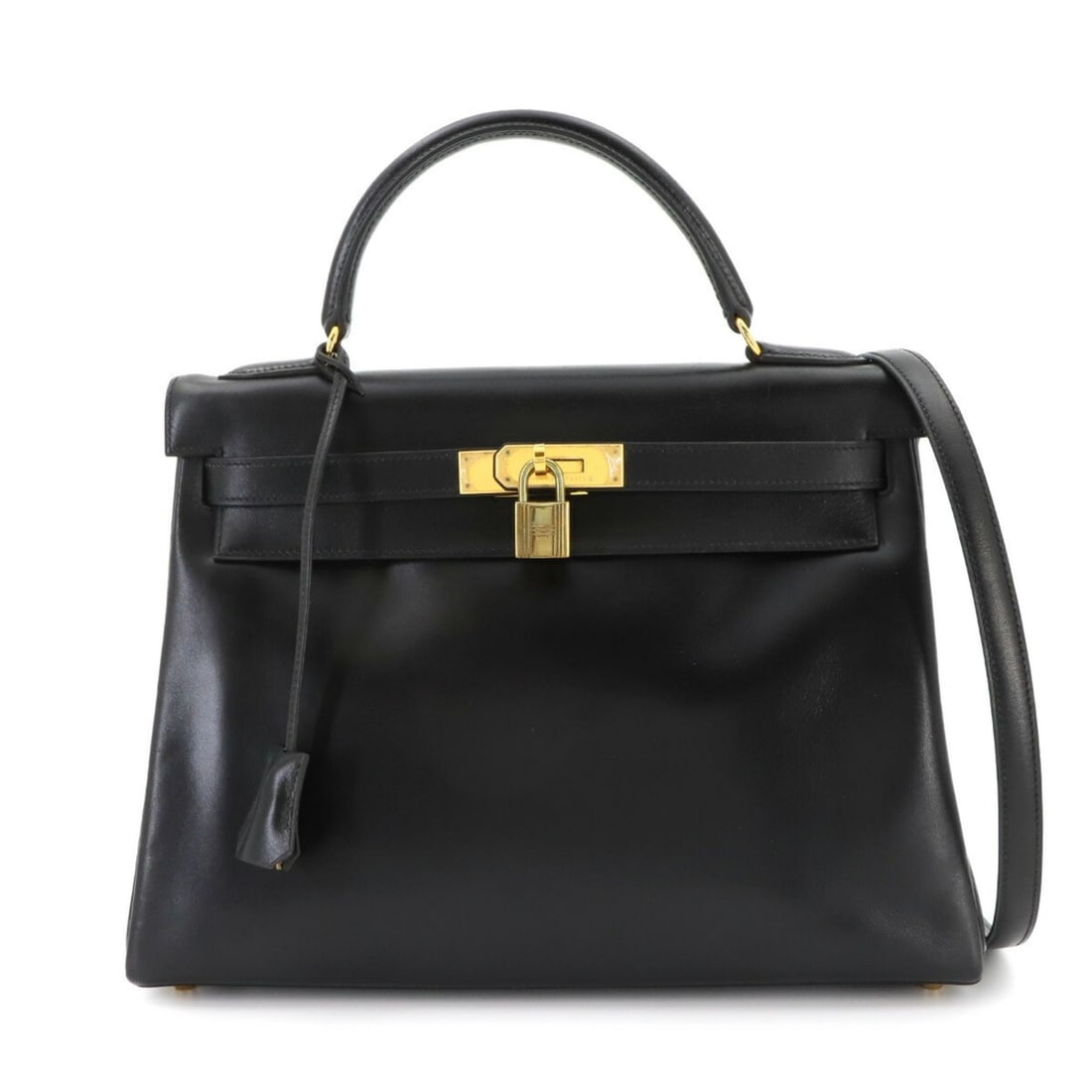 Hermes Kelly 32, Box Calf leather, Black, 2-way handbag/shoulder bag, Inside stitching, ?C stamp,: --- Catalog ---Category: SizeSize (HxWxD): 22cm x 31.5cm x 12cm / 8.66'' x 12.4'' x 4.72''Category: DesignType: HandbagColor: BlackGender: WomenMaterial: Box calf leather Category: GeneralBrand: Herme