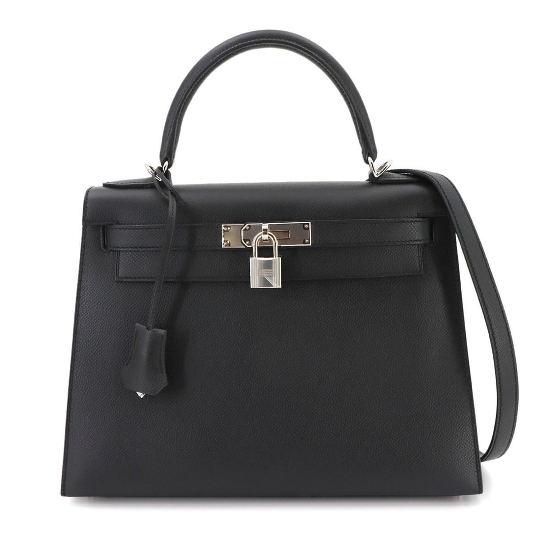 Hermes Kelly 28 Epsom Black 2-way Handbag Shoulder Bag with external stitching, ?R stamp, silver (1 of 9)