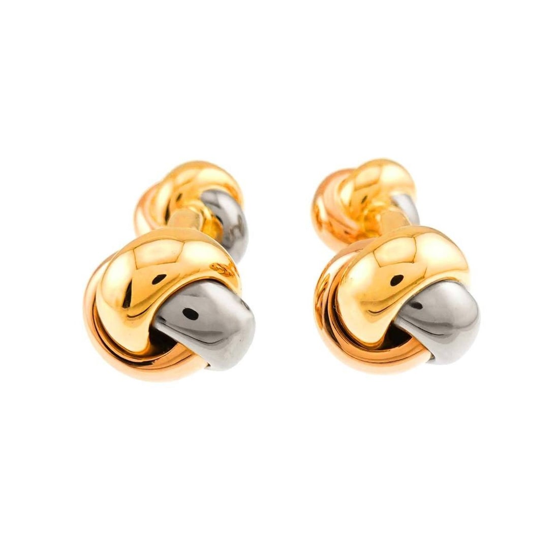 Cartier Trinity Cufflinks, 18K Yellow Gold, White Pink Three Colors, 750.: --- Catalog ---Category: SizeSize (HxWxD): 13.40mm x 13.60mm / 0.53'' x 0.54''Category: DesignType: CufflinksGender: MenMaterial: Pink gold (18K), White gold (18K), Yellow gold (18K)Category: