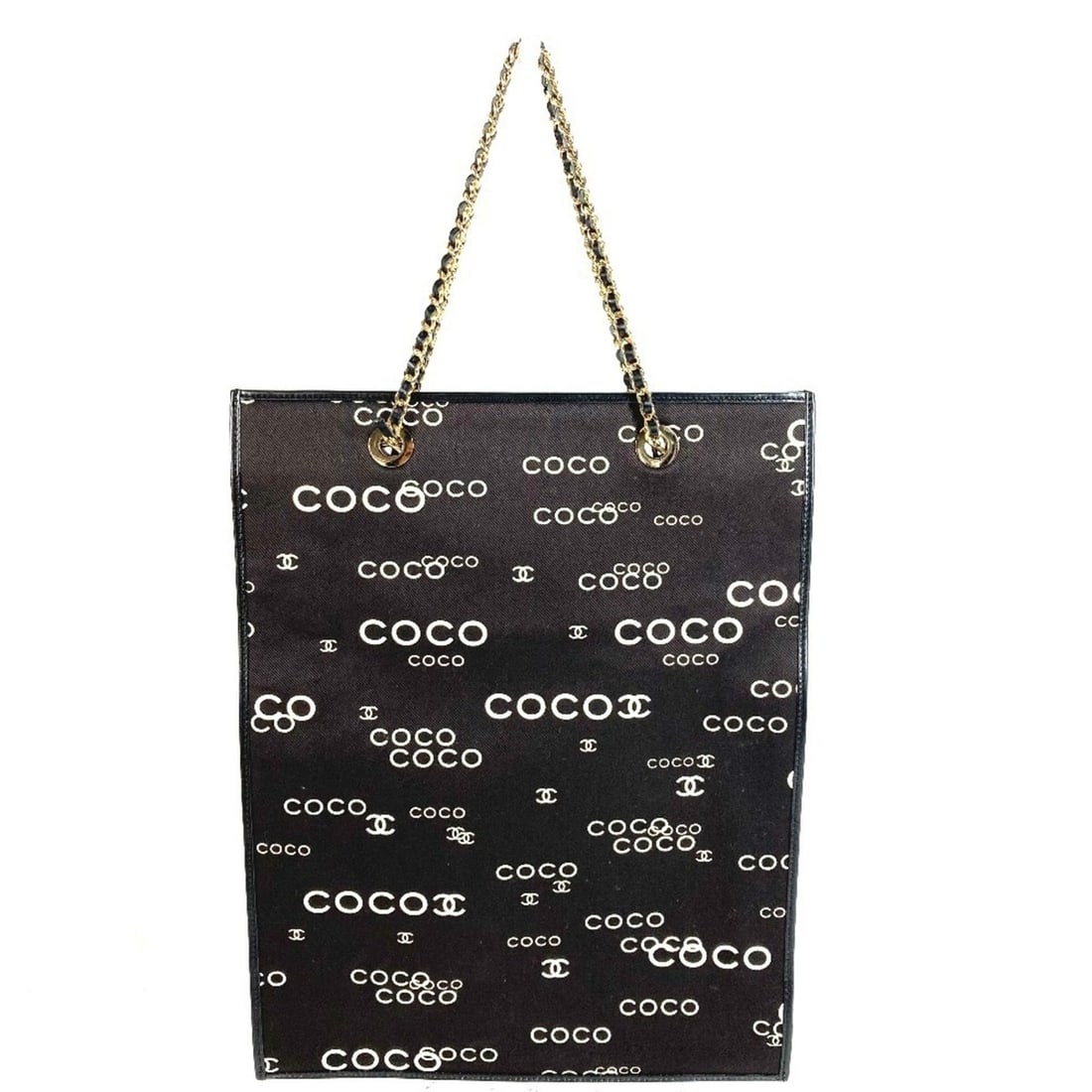 CHANEL Vintage CC Coco Mark Logo Flat Shopper Bag, Chain Shoulder Tote Double Leather, Canvas,: --- Catalog ---Category: SizeSize (HxWxD): 37cm x 29cm / 14.56'' x 11.41''Category: DesignType: Shoulder bag, Tote bagColor: Black, WhiteGender: Men,WomenMaterial: Leather , Canvas Category: