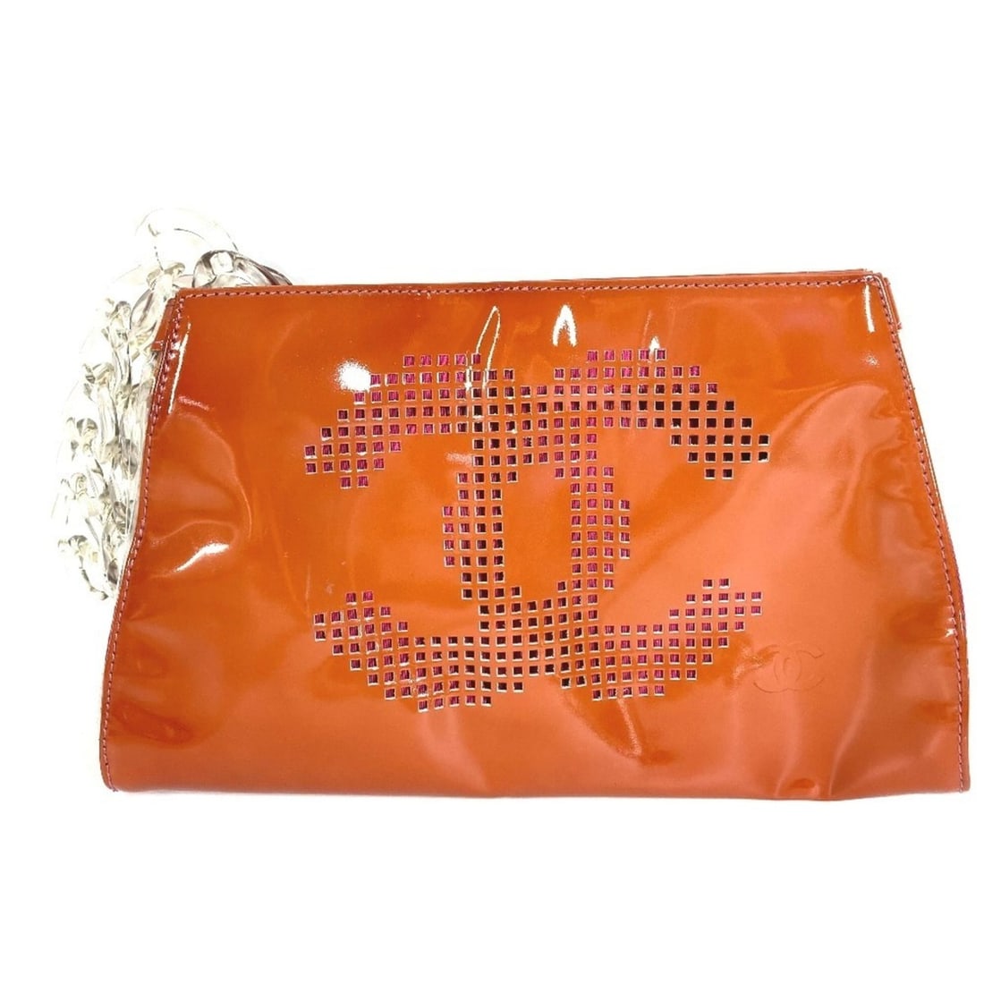 CHANEL CC Coco Mark Logo Handbag Pouch Second Bag Plastic Chain Clutch Patent Leather Men's Women's: --- Catalog ---Category: SizeSize (HxWxD): 15cm x 27cm / 5.9'' x 10.62''Category: DesignType: Clutch bag, Handbag, PouchColor: Orange, PinkGender: Men,WomenMaterial: Patent leather Category: