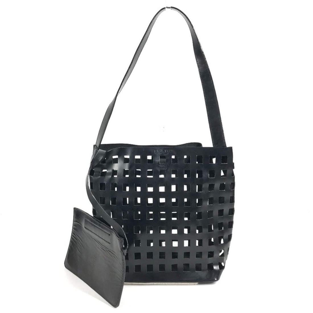 PRADA mesh shoulder bag/handbag with pouch, leather, black, for men and women.: --- Catalog ---Category: SizeSize (HxWxD): 25cm x 22cm x 10cm / 9.84'' x 8.66'' x 3.93''Category: DesignType: Handbag, Pouch, Shoulder bagColor: BlackGender: Men,WomenMaterial: Leather Category: Gener