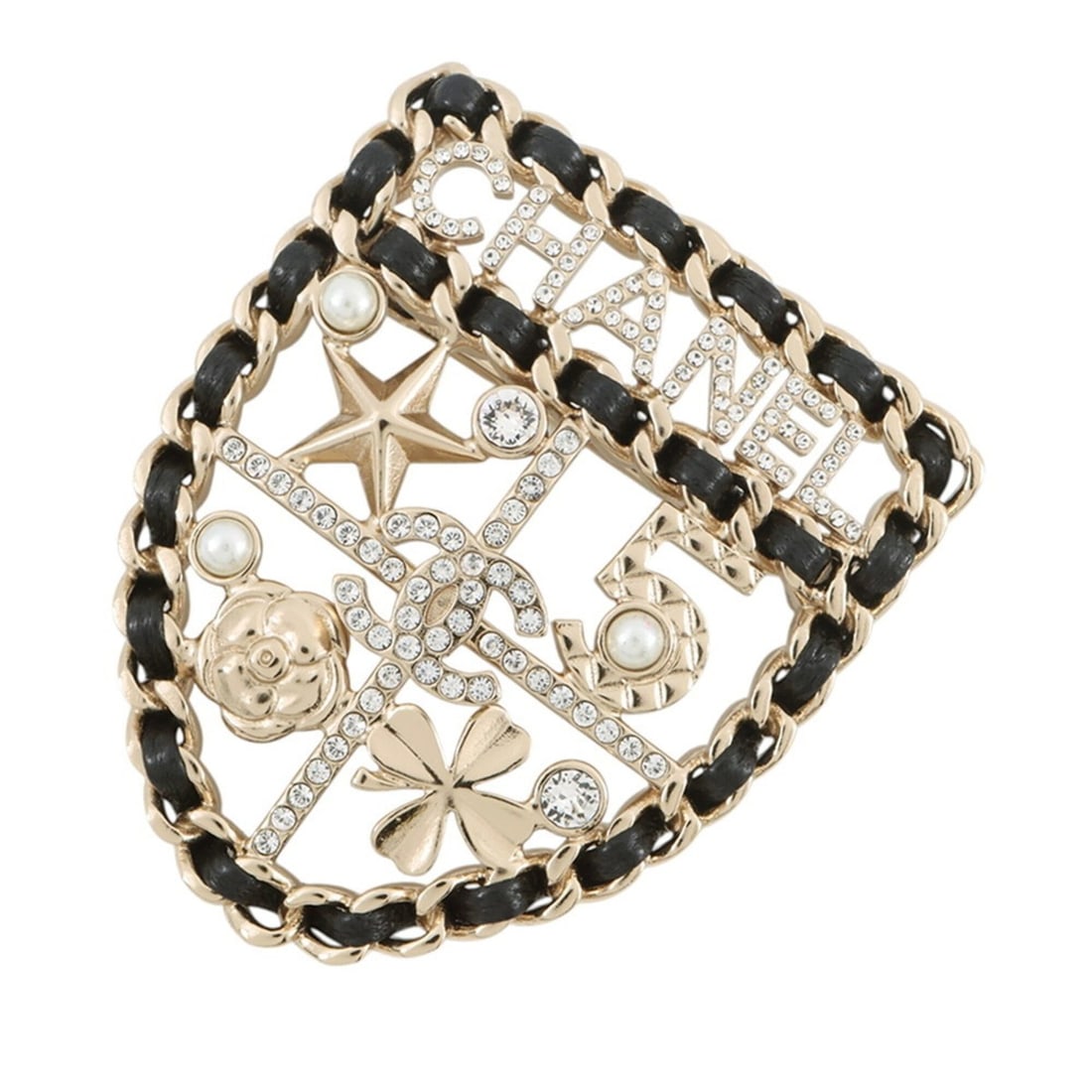 Chanel Brooch Coco Mark Emblem Icon Rhinestone Faux Pearl B21 V AB4702 CHANEL BROACH: --- Catalog ---Category: SizeSize (HxWxD): 4.6cm x 3.8cm / 1.81'' x 1.49''Category: DesignType: BroochColor: Black, Champagne goldGender: WomenMaterial: RhinestoneCategory: GeneralMPN: AB4702Brand: Ch