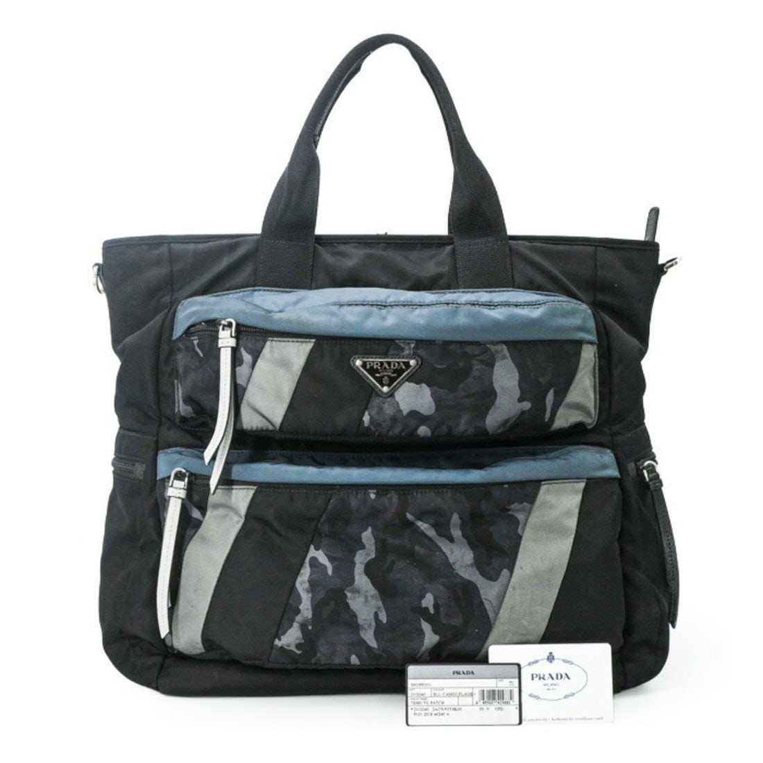 PRADA Tessuto Nylon Tote Bag, Camouflage Handbag, Canvas, Blue/Black, Men's, 2VG040 (1 of 20)