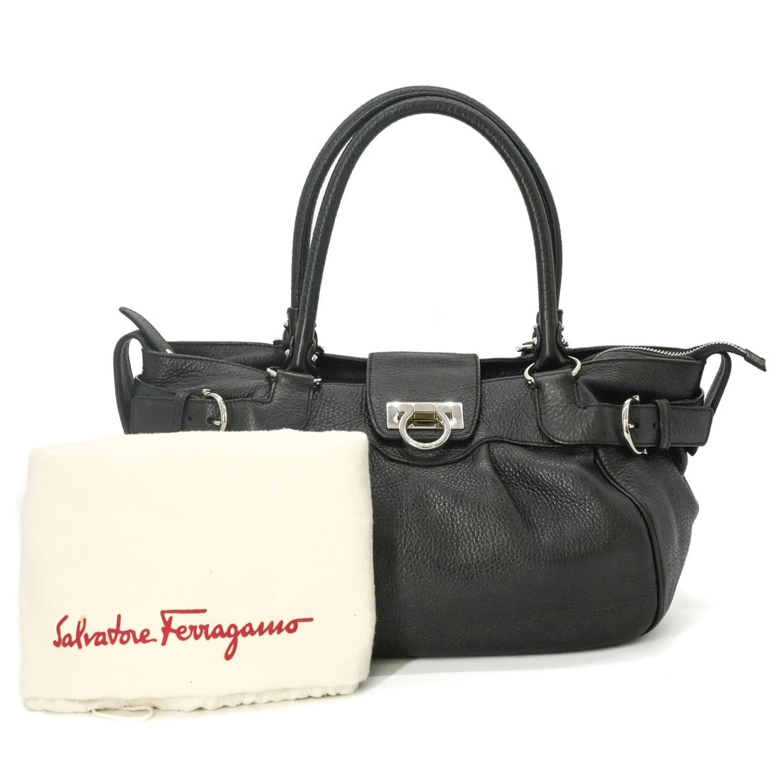 Salvatore Ferragamo Gancini Handbag for Women, Black: --- Catalog ---Category: SizeSize (HxWxD): 18cm x 21cm x 20cm / 7.08'' x 8.26'' x 7.87''Category: DesignType: HandbagColor: BlackGender: WomenMaterial: Leather Category: GeneralBrand: Salvatore Ferrag