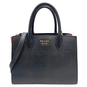 PRADA Saffiano Bibliotheque Leather Handbag, Black x Red, 1BA050, Women's Shoulder Bag