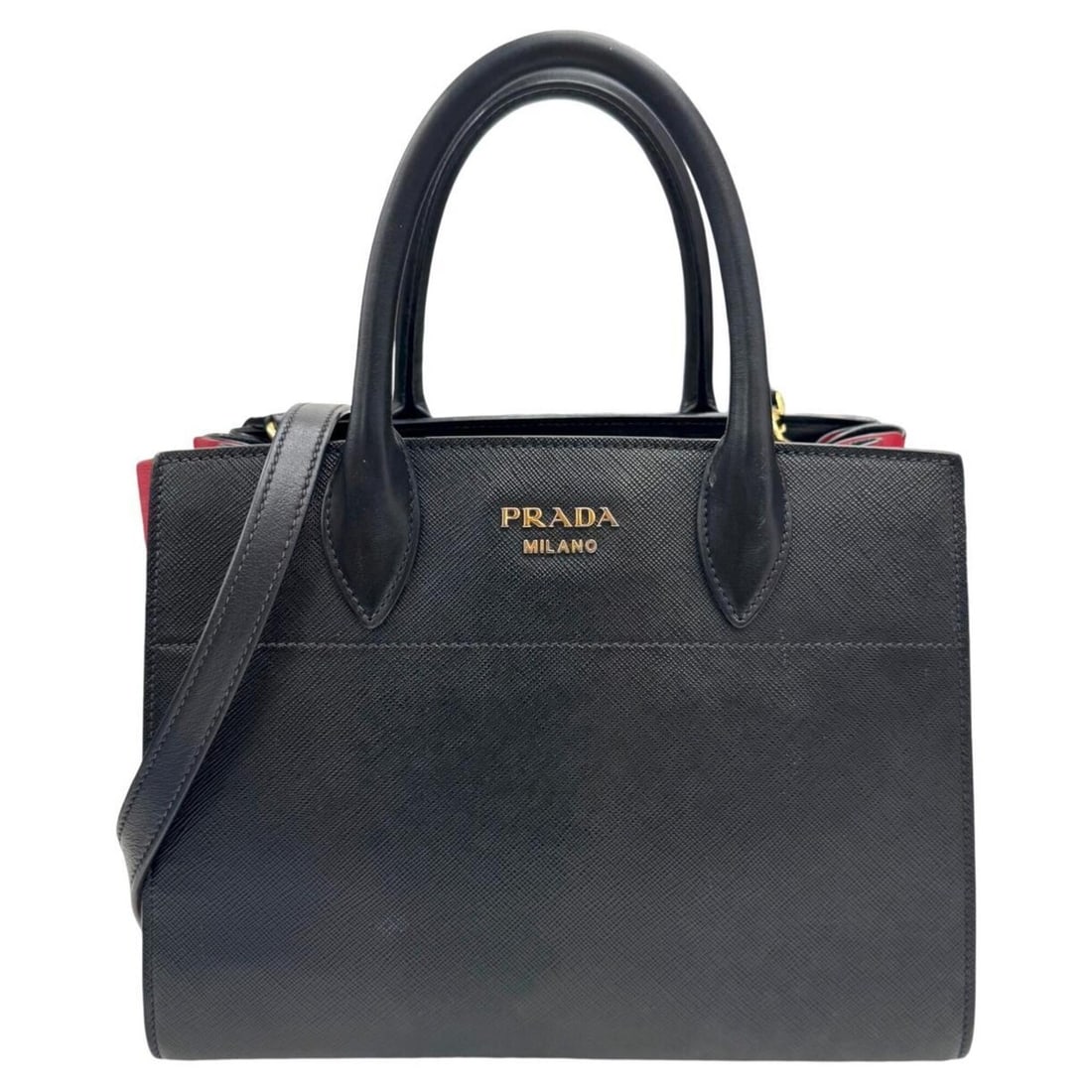 PRADA Saffiano Bibliotheque Leather Handbag, Black x Red, 1BA050, Women's Shoulder Bag: --- Catalog ---Category: SizeSize (HxWxD): 19.5cm x 25.5cm x 14cm / 7.67'' x 10.03'' x 5.51''Strap Length: 129cm / 50.78''Handle Length: 10cm / 3.93''Category: DesignType: Handbag, Shoulder bagColor: 