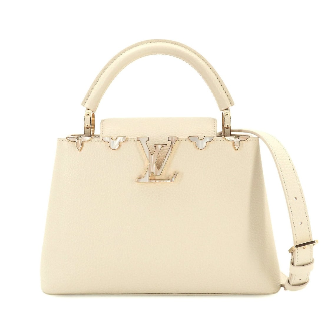 Louis Vuitton Capucines BB 2-way Hand/Shoulder Handbag, Taurillon Leather, Crème Nacre, M23331 RFID: --- Catalog ---Category: SizeWeight: 835g / 1.84lb.Size (HxWxD): 17.5cm x 26.5cm x 9cm / 6.88'' x 10.43'' x 3.54''Strap Length: 114cm - 124cm / 44.88'' - 48.81''Handle Length: 32cm / 12.59''Category: 